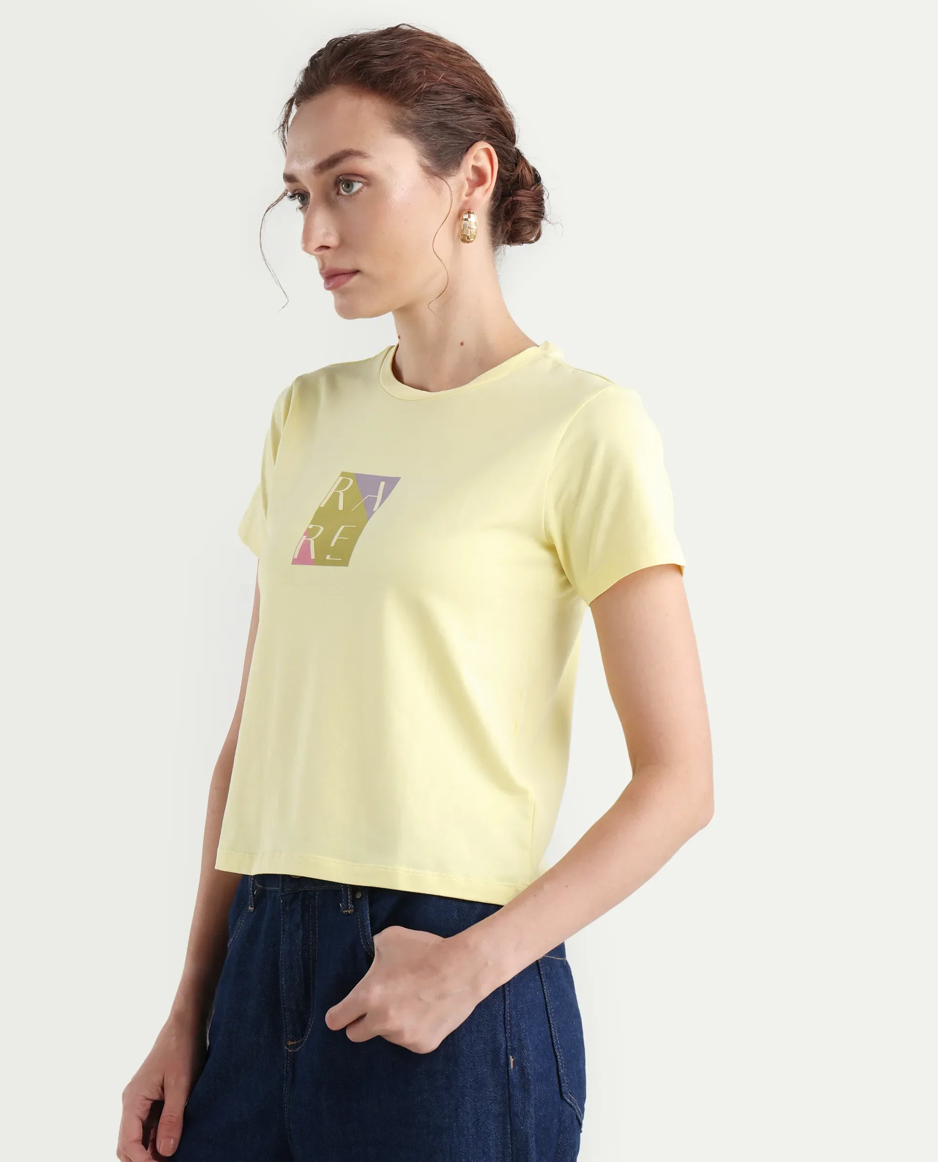 Rareism Women's Hanna 1 Yellow Cotton Blend Crew Neck Plain Regular Fit T-Shirt - Image 6