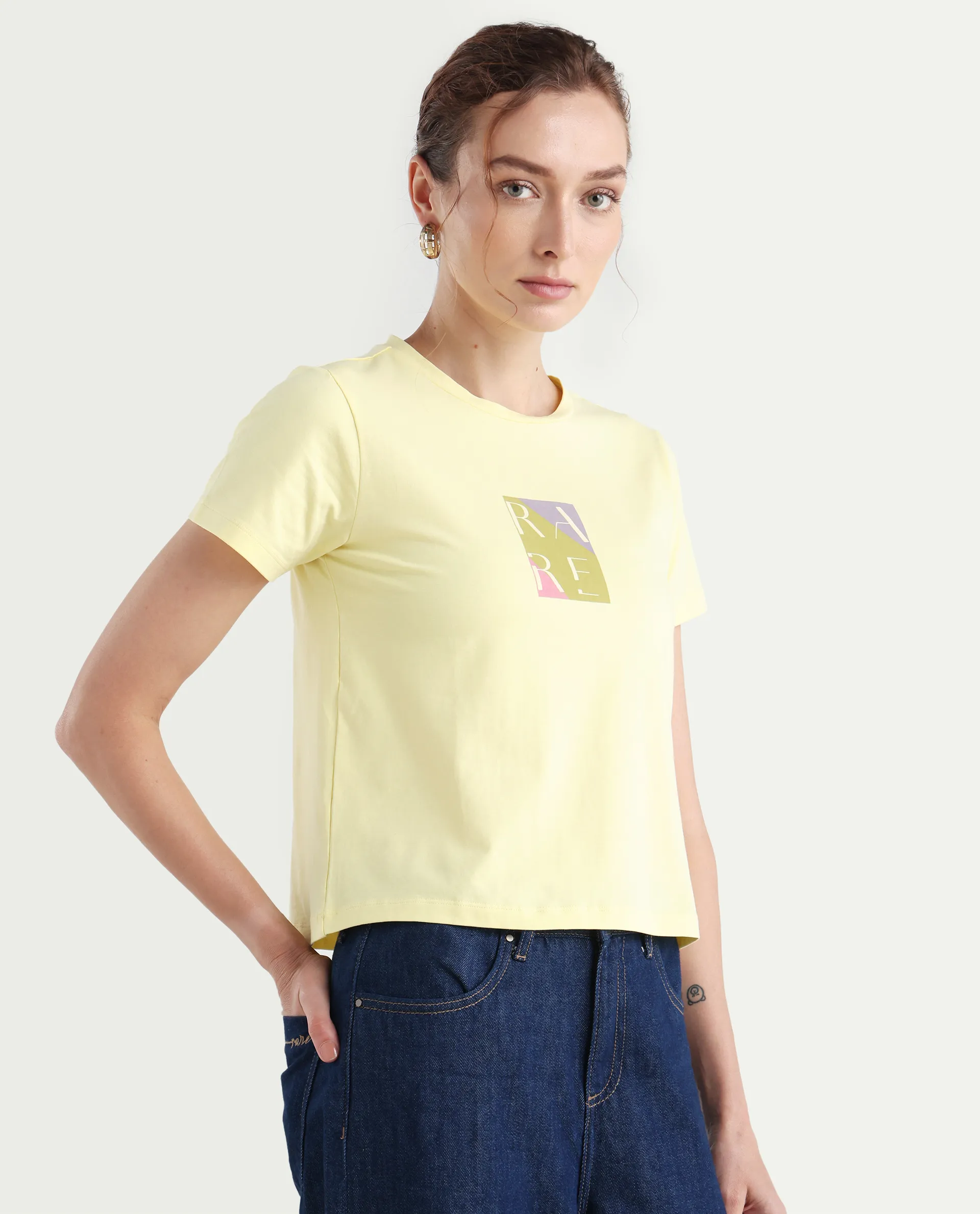 Rareism Women's Hanna 1 Yellow Cotton Blend Crew Neck Plain Regular Fit T-Shirt - Image 7