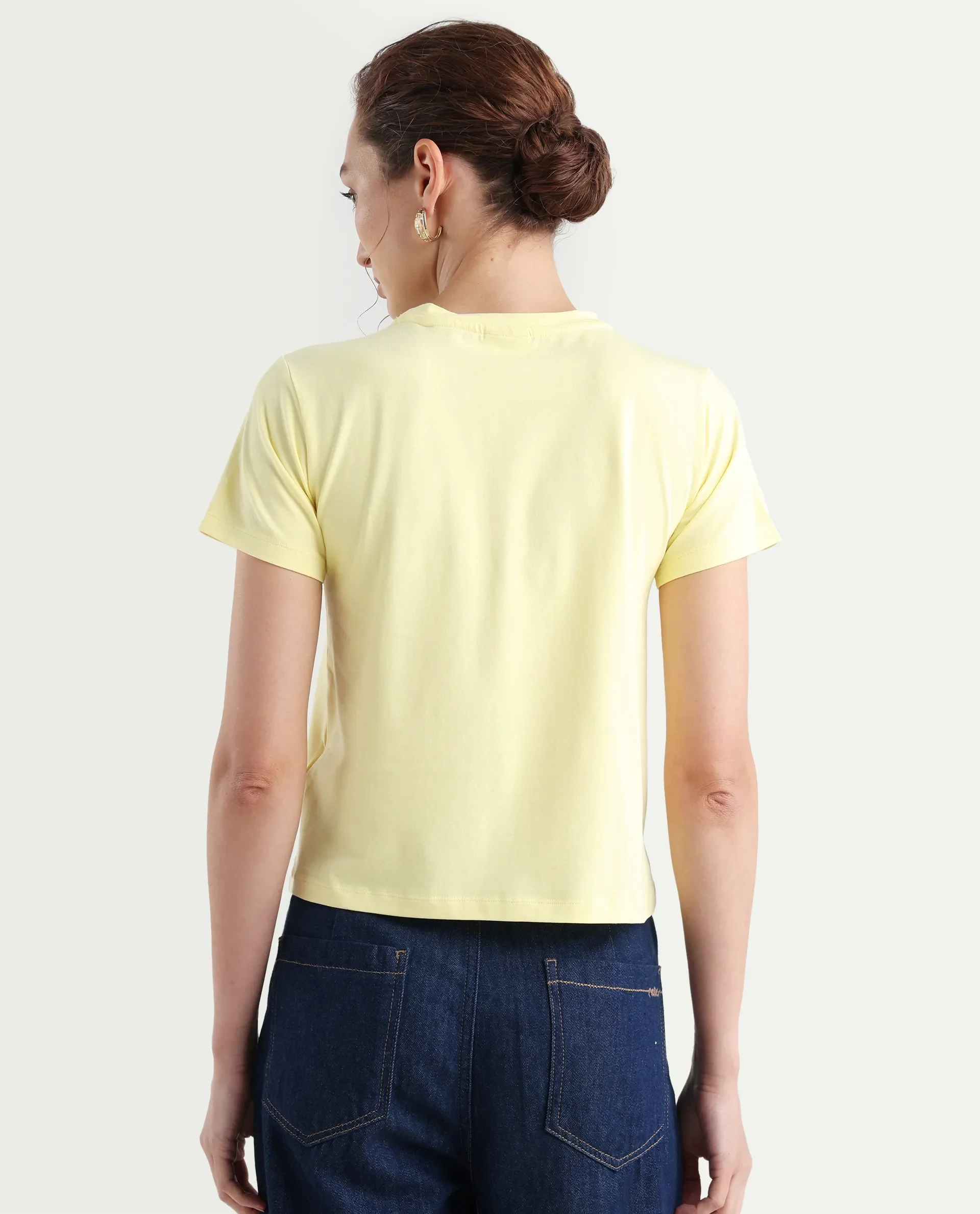 Rareism Women's Hanna 1 Yellow Cotton Blend Crew Neck Plain Regular Fit T-Shirt - Image 8