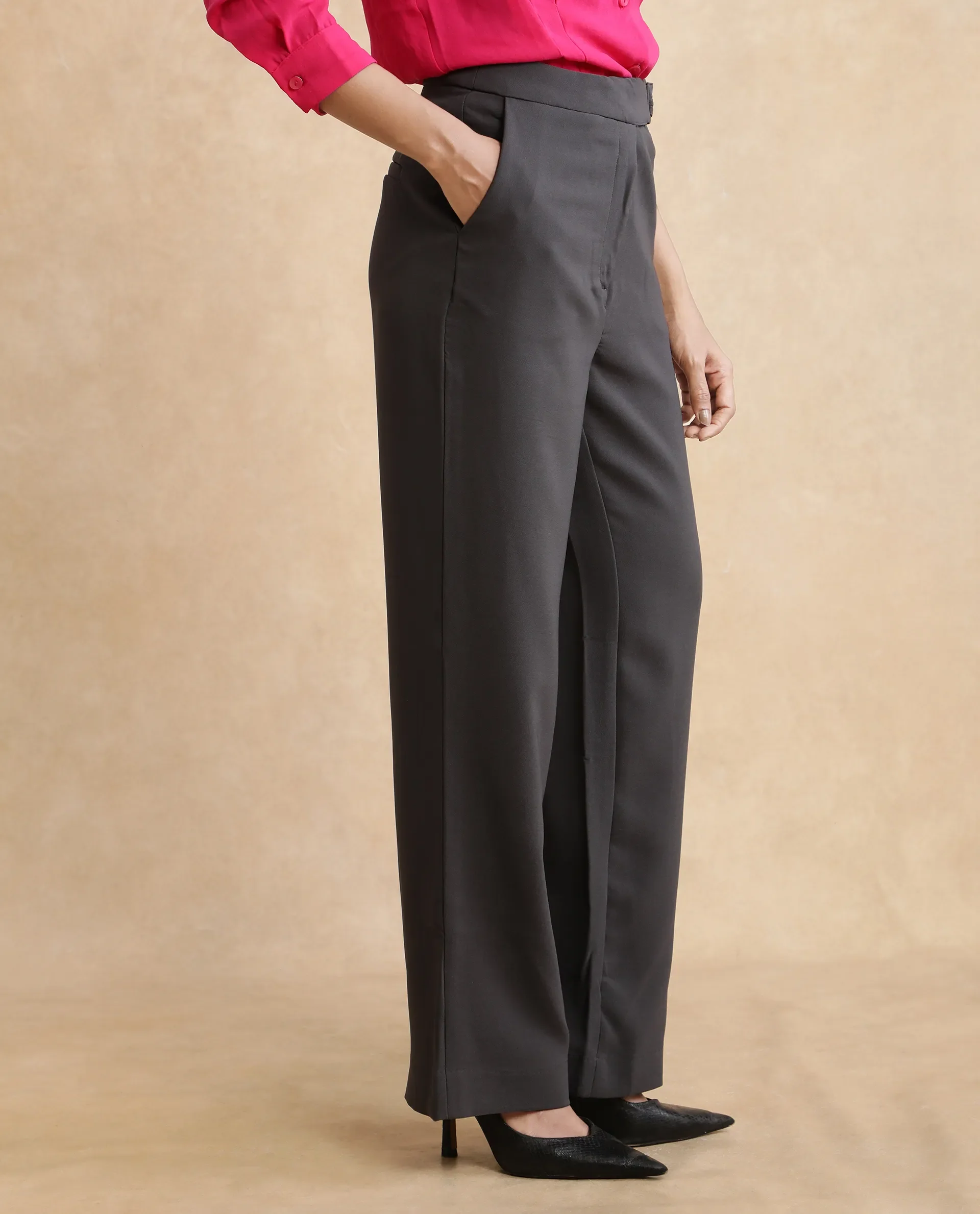 Rareism Women's Hanne Grey Cotton Blend Plain Ankle Length Straight Fit Trouser - Image 5
