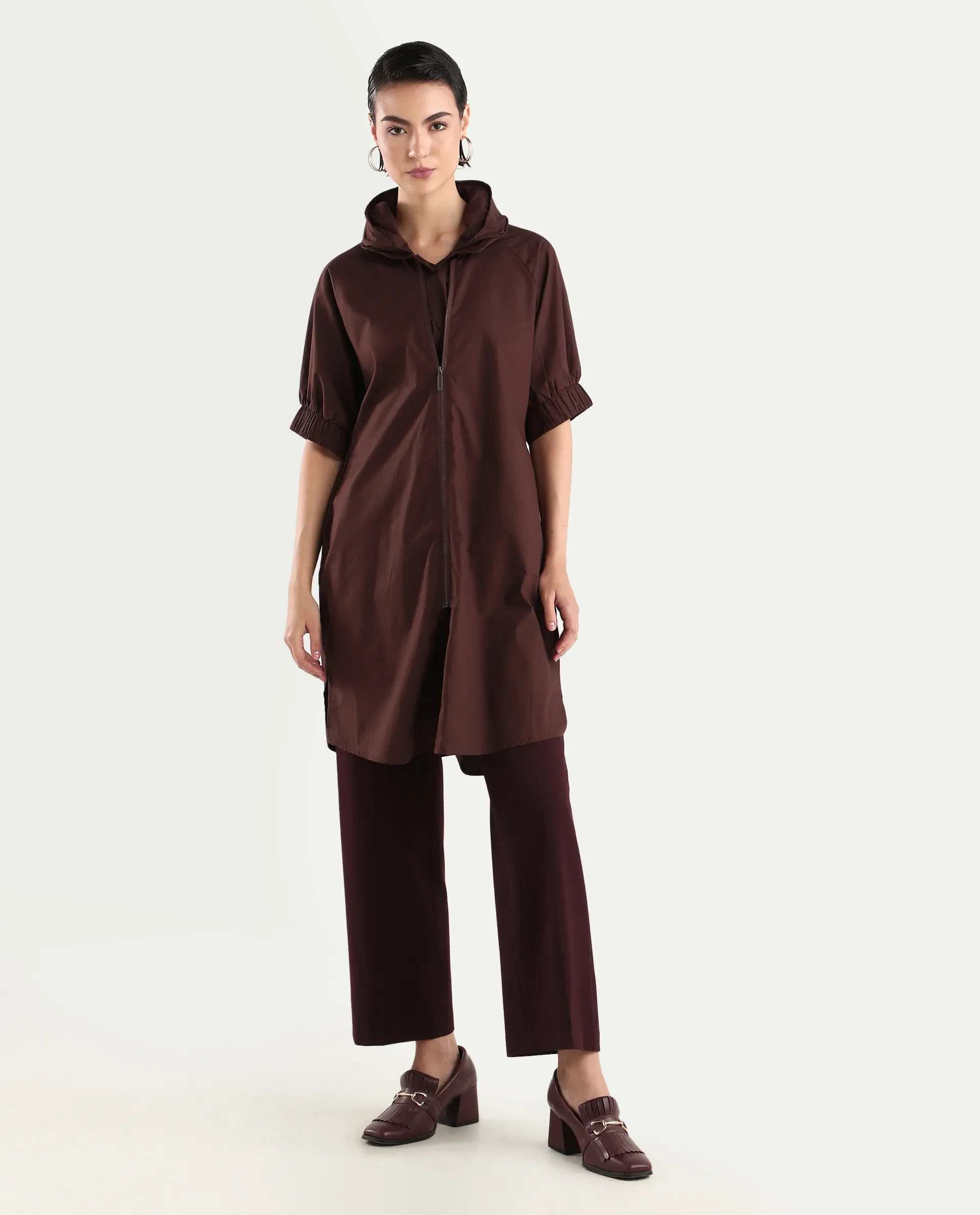 Rareism Women's Hanoi Dark Brown Cotton Hooded Plain Raglan Sleeve Knee Length Boxy Fit Jacket - Image 2