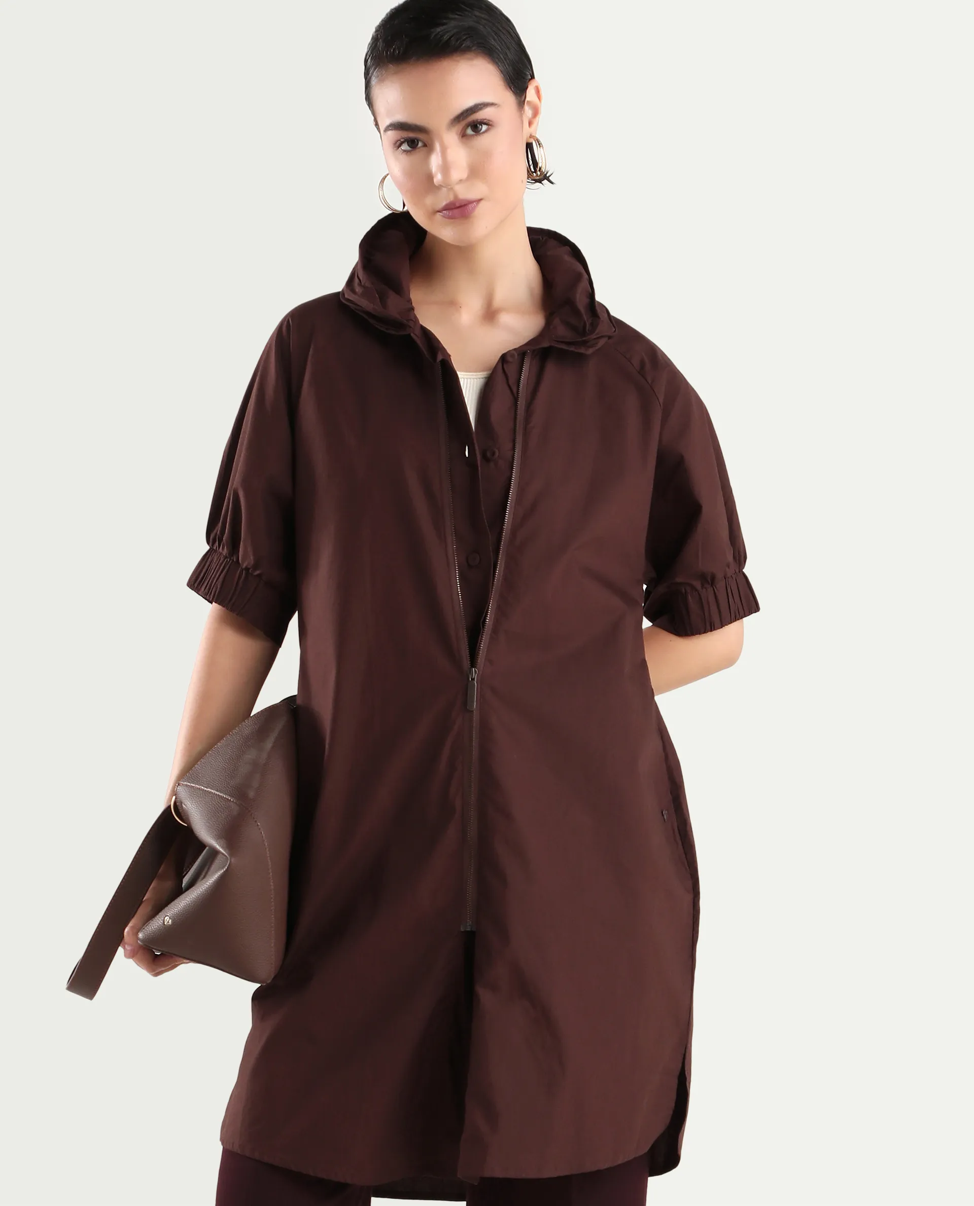 Rareism Women's Hanoi Dark Brown Cotton Hooded Plain Raglan Sleeve Knee Length Boxy Fit Jacket - Image 3