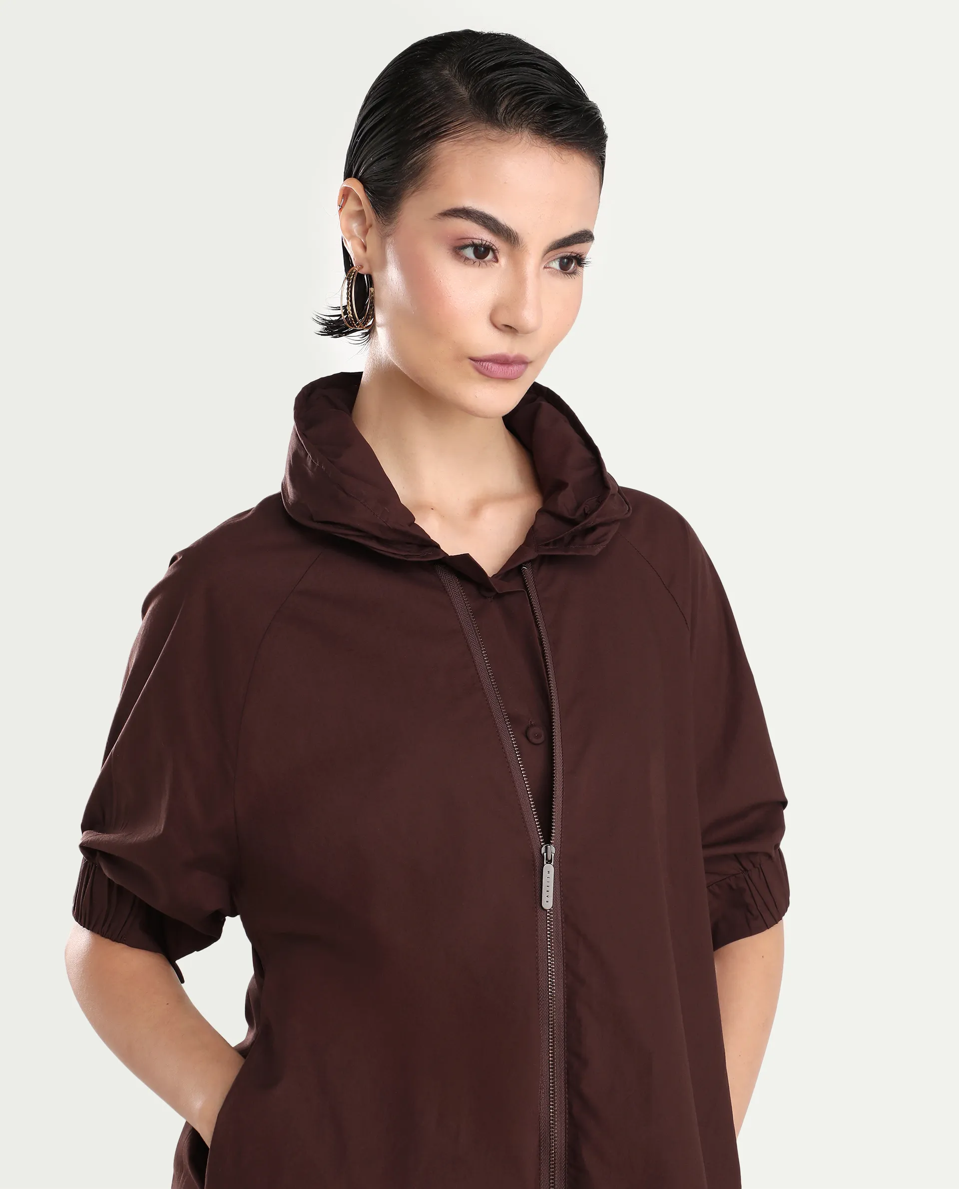 Rareism Women's Hanoi Dark Brown Cotton Hooded Plain Raglan Sleeve Knee Length Boxy Fit Jacket - Image 4