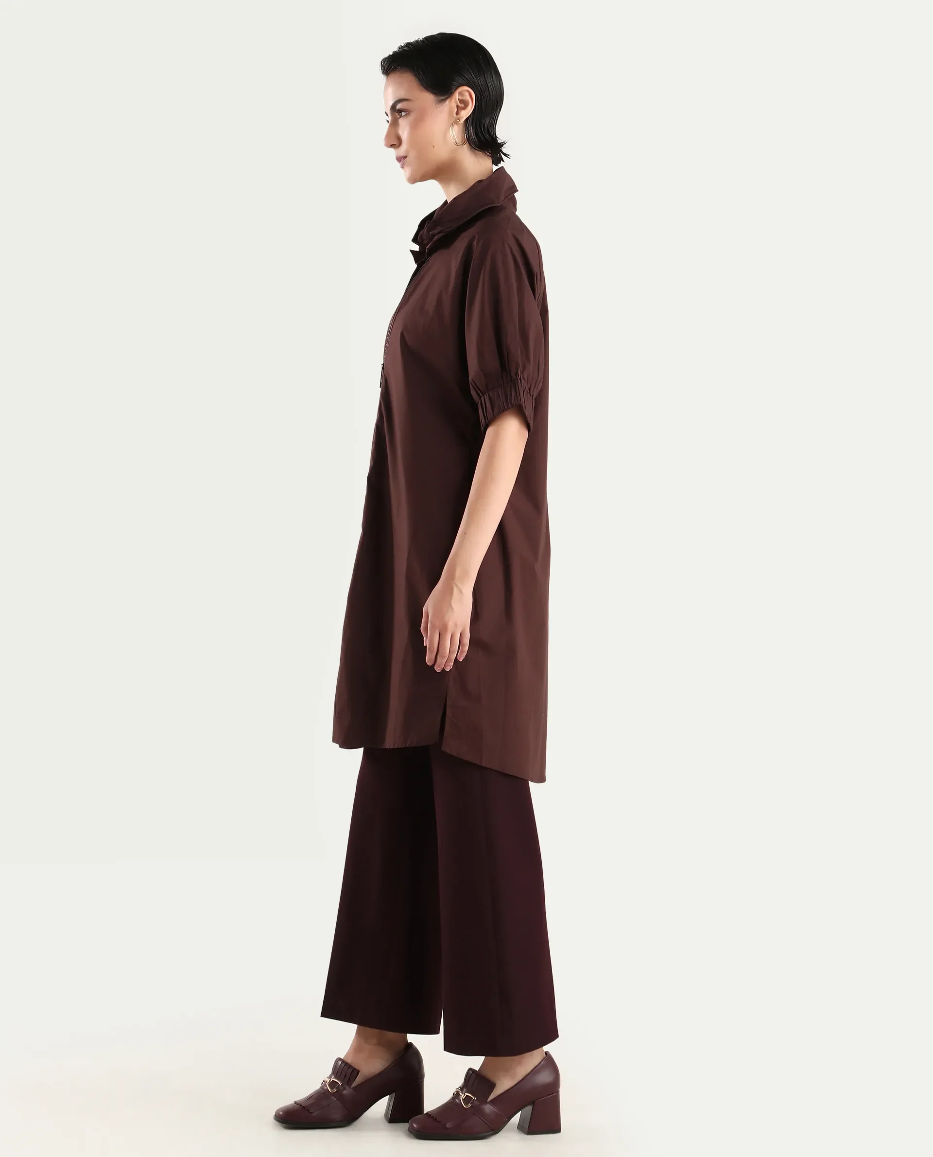 Rareism Women's Hanoi Dark Brown Cotton Hooded Plain Raglan Sleeve Knee Length Boxy Fit Jacket - Image 5