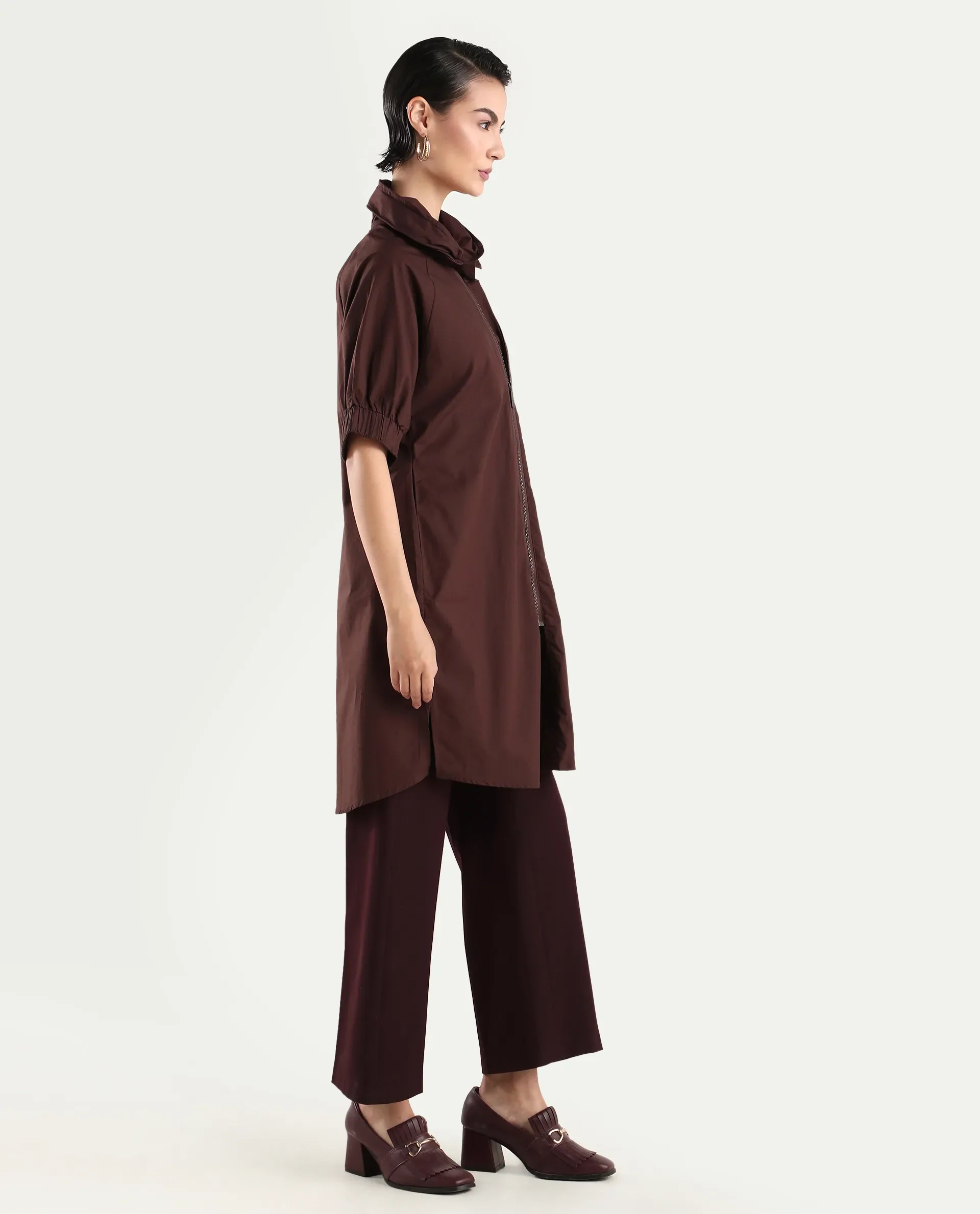 Rareism Women's Hanoi Dark Brown Cotton Hooded Plain Raglan Sleeve Knee Length Boxy Fit Jacket - Image 6