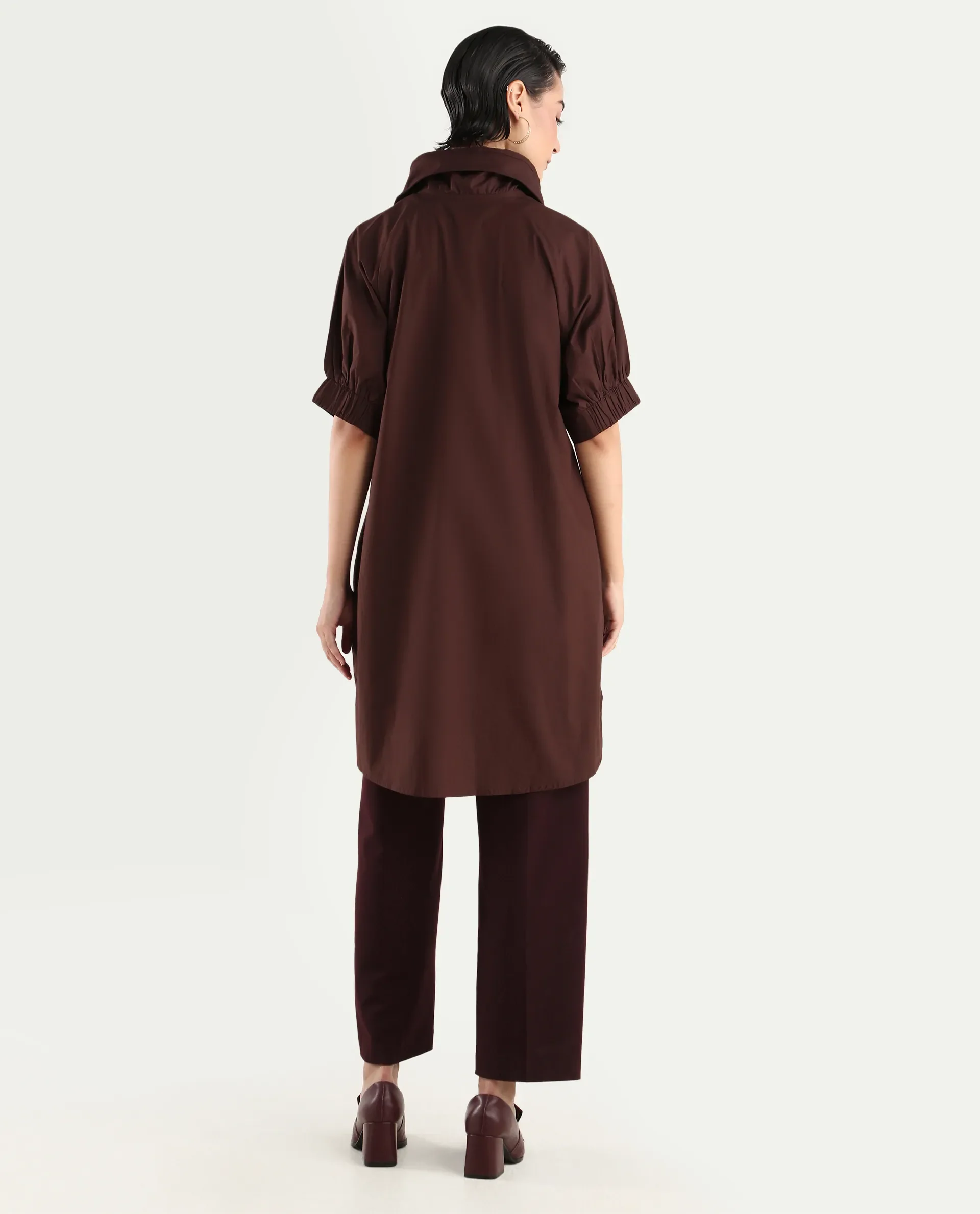 Rareism Women's Hanoi Dark Brown Cotton Hooded Plain Raglan Sleeve Knee Length Boxy Fit Jacket - Image 7