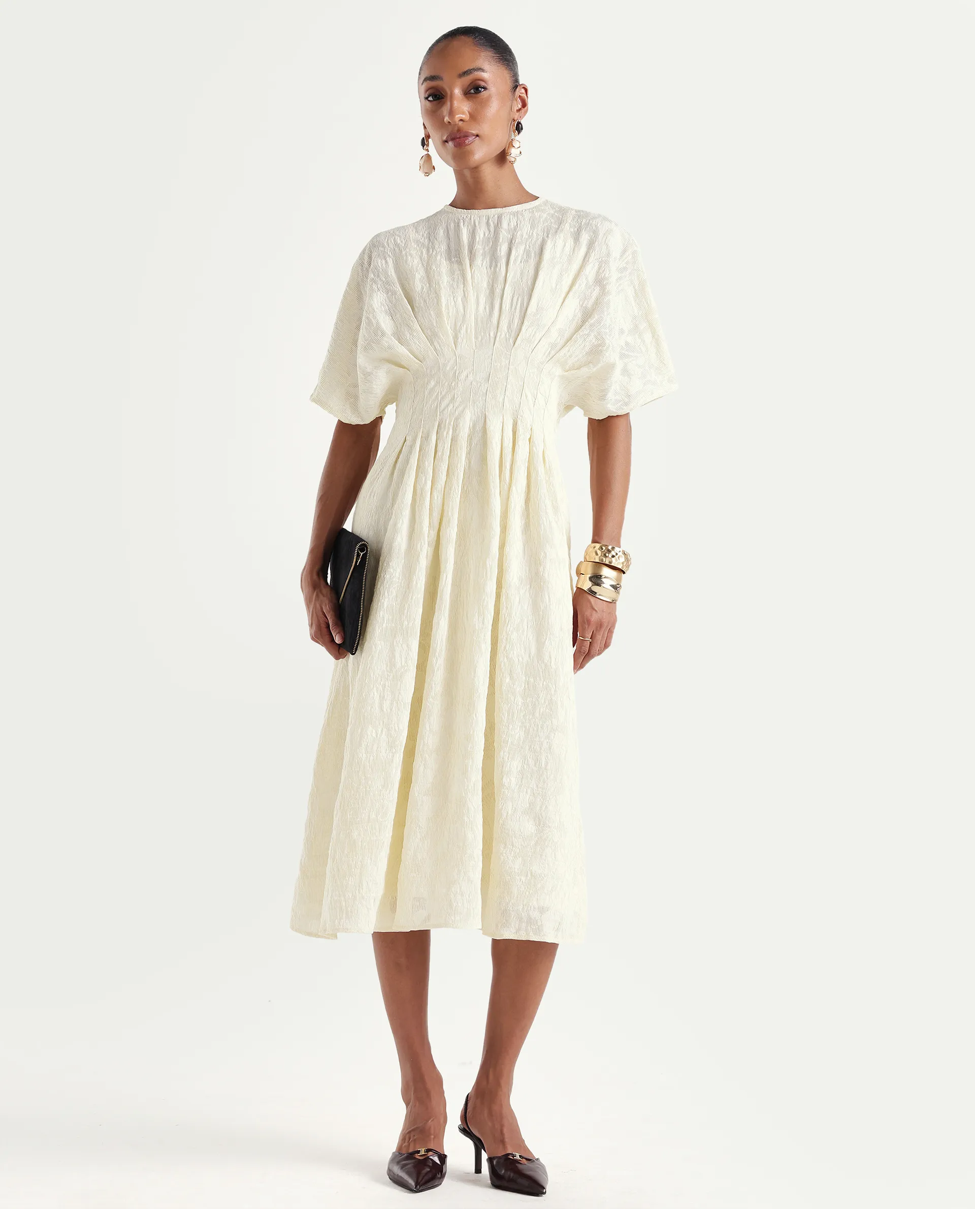 Rareism Women's Hant Off White Viscose Blend Crew Neck Fit And Flare Plain Dress