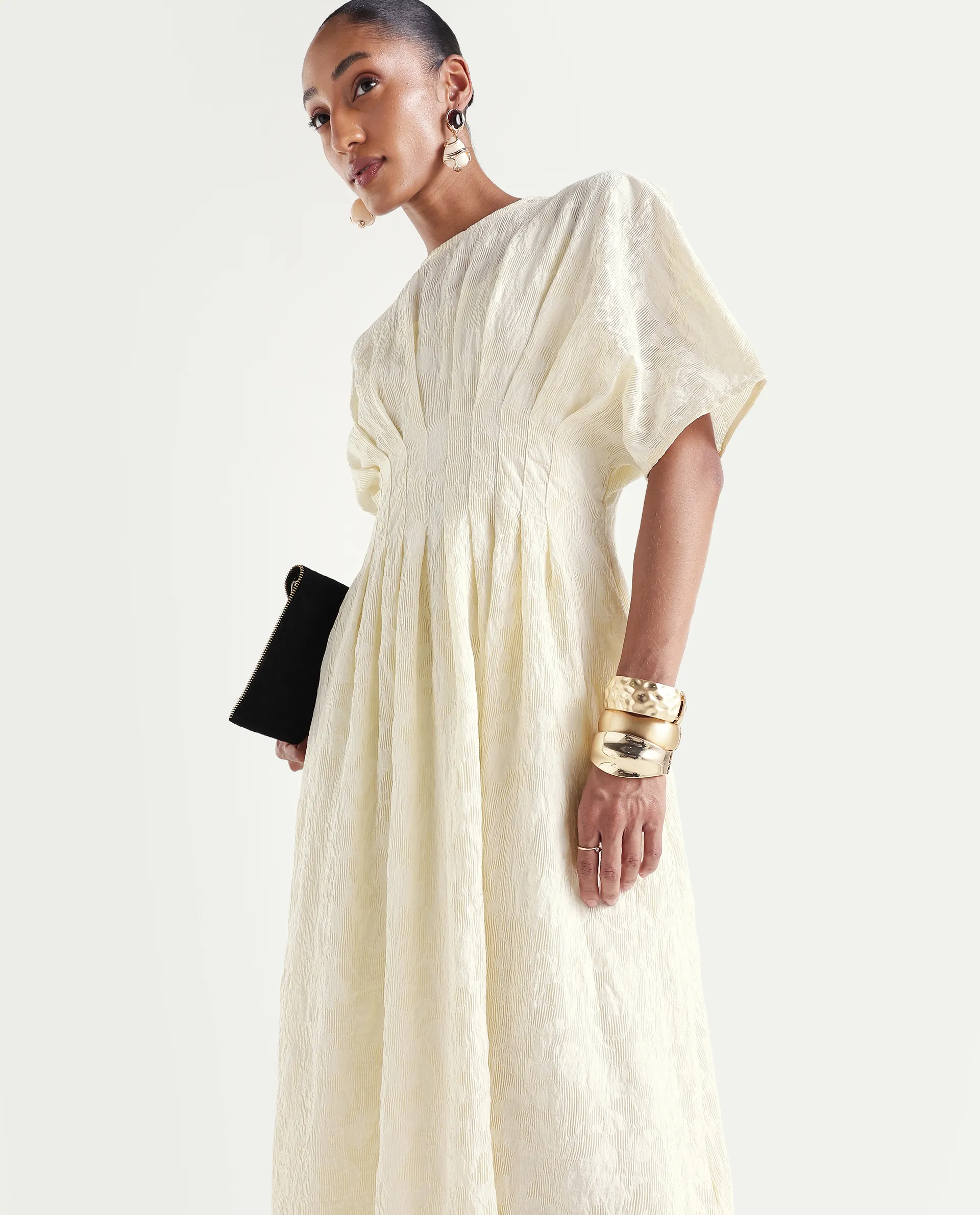 Rareism Women's Hant Off White Viscose Blend Crew Neck Fit And Flare Plain Dress - Image 2