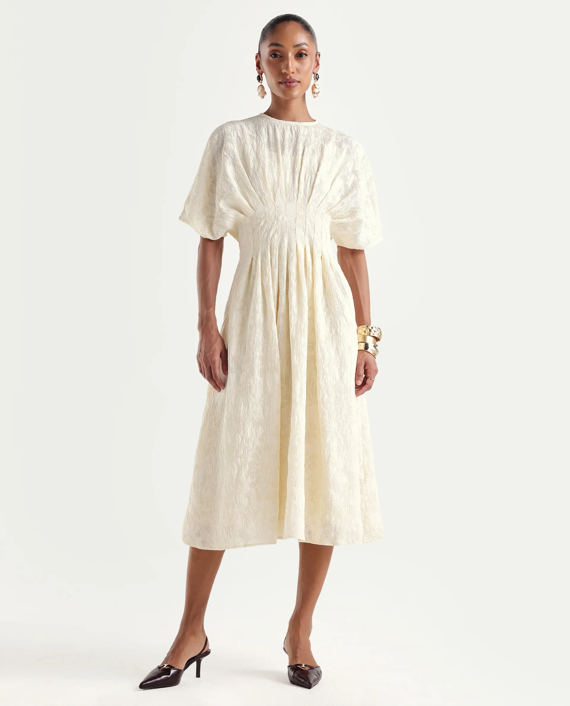 Rareism Women's Hant Off White Viscose Blend Crew Neck Fit And Flare Plain Dress - Image 3