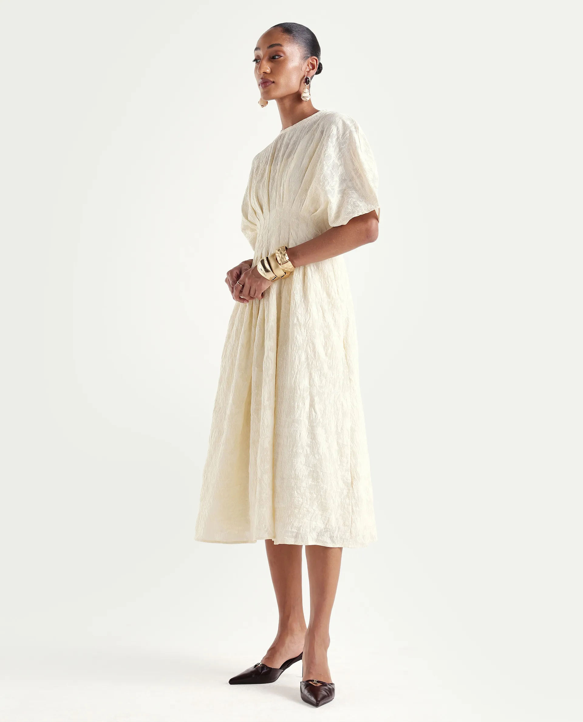 Rareism Women's Hant Off White Viscose Blend Crew Neck Fit And Flare Plain Dress - Image 6