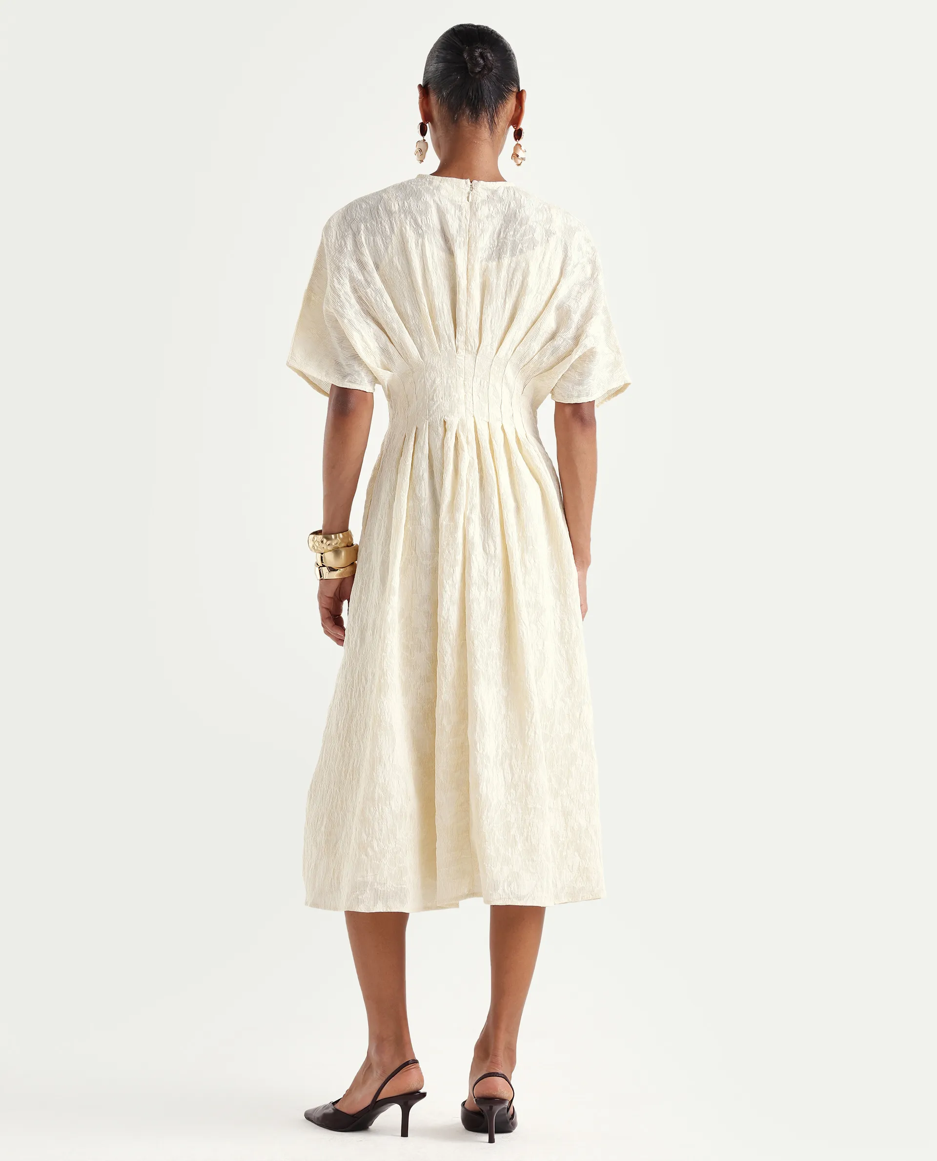Rareism Women's Hant Off White Viscose Blend Crew Neck Fit And Flare Plain Dress - Image 8