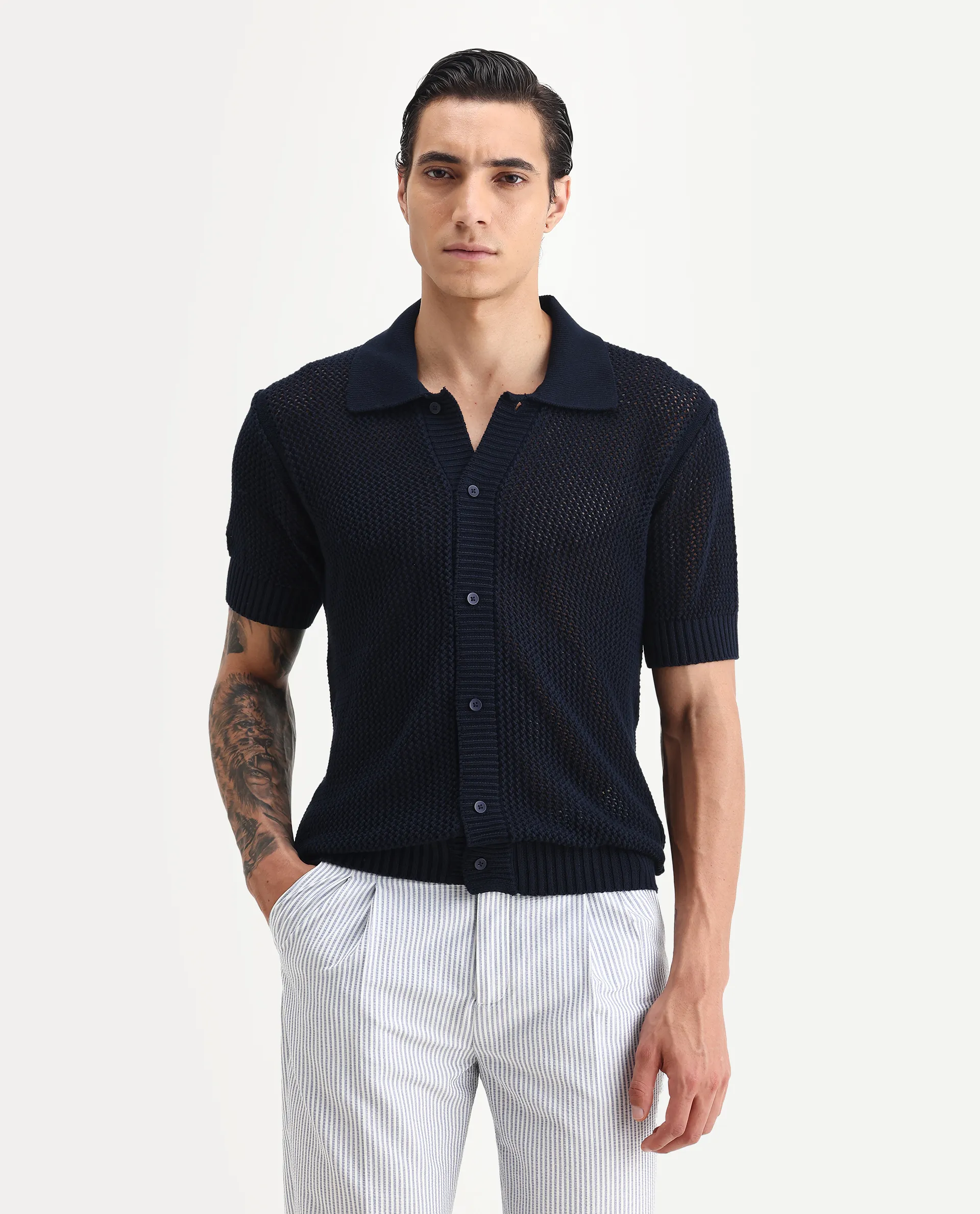 Rare Rabbit Men's Hao Navy Cotton Plain Relaxed Fit Half Sleeve Collared Shirt