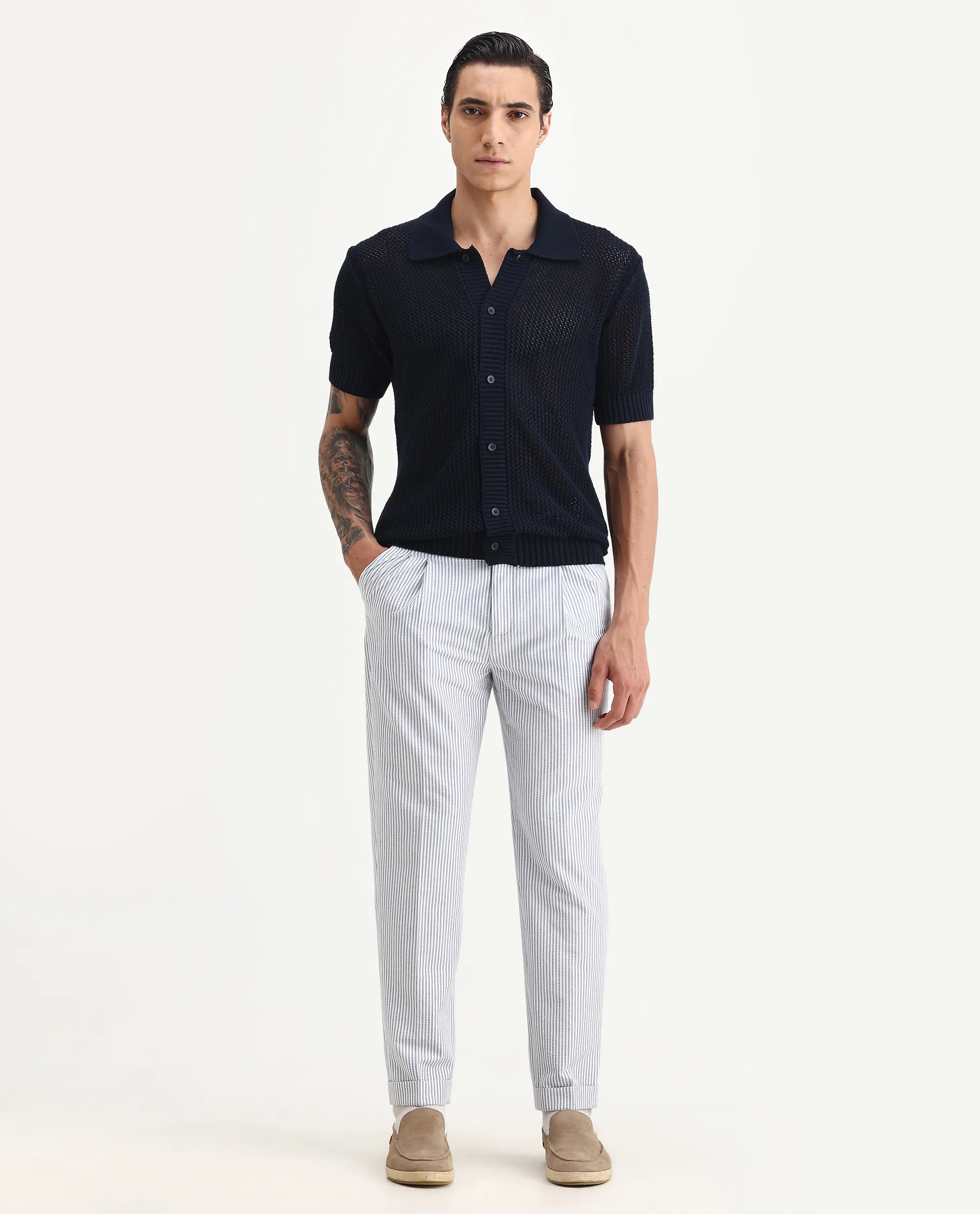 Rare Rabbit Men's Hao Navy Cotton Plain Relaxed Fit Half Sleeve Collared Shirt - Image 2