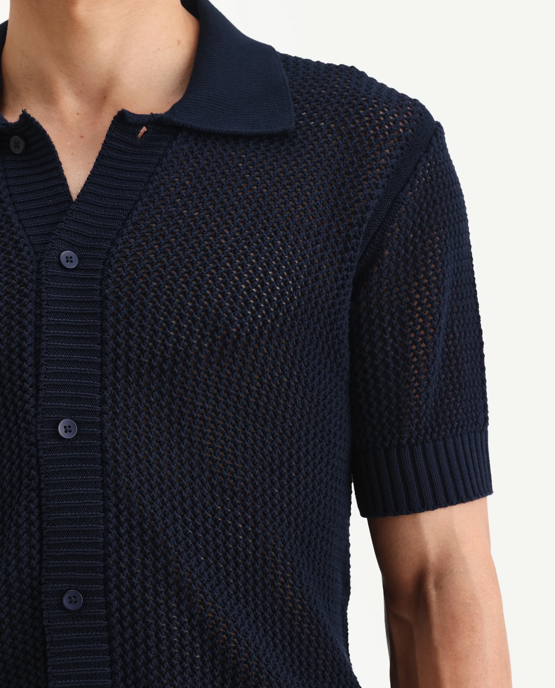 Rare Rabbit Men's Hao Navy Cotton Plain Relaxed Fit Half Sleeve Collared Shirt - Image 3