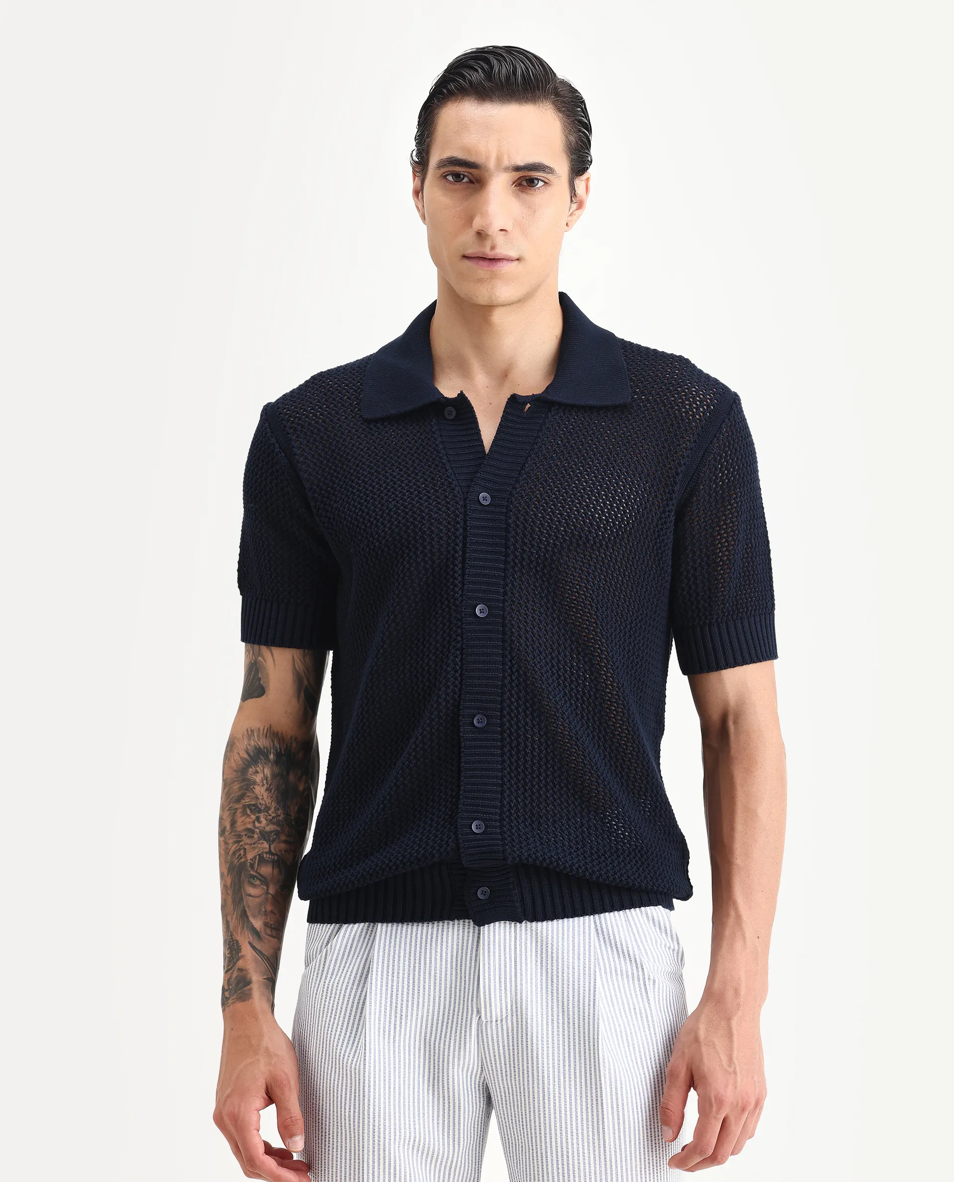 Rare Rabbit Men's Hao Navy Cotton Plain Relaxed Fit Half Sleeve Collared Shirt - Image 4