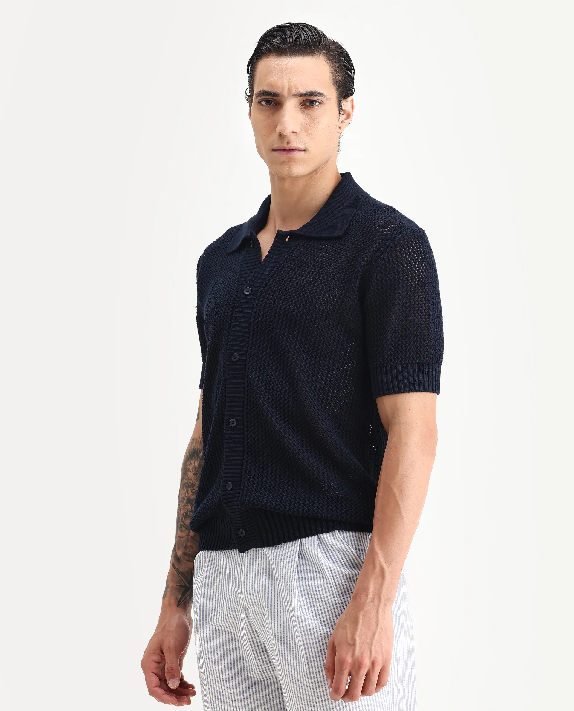 Rare Rabbit Men's Hao Navy Cotton Plain Relaxed Fit Half Sleeve Collared Shirt - Image 5