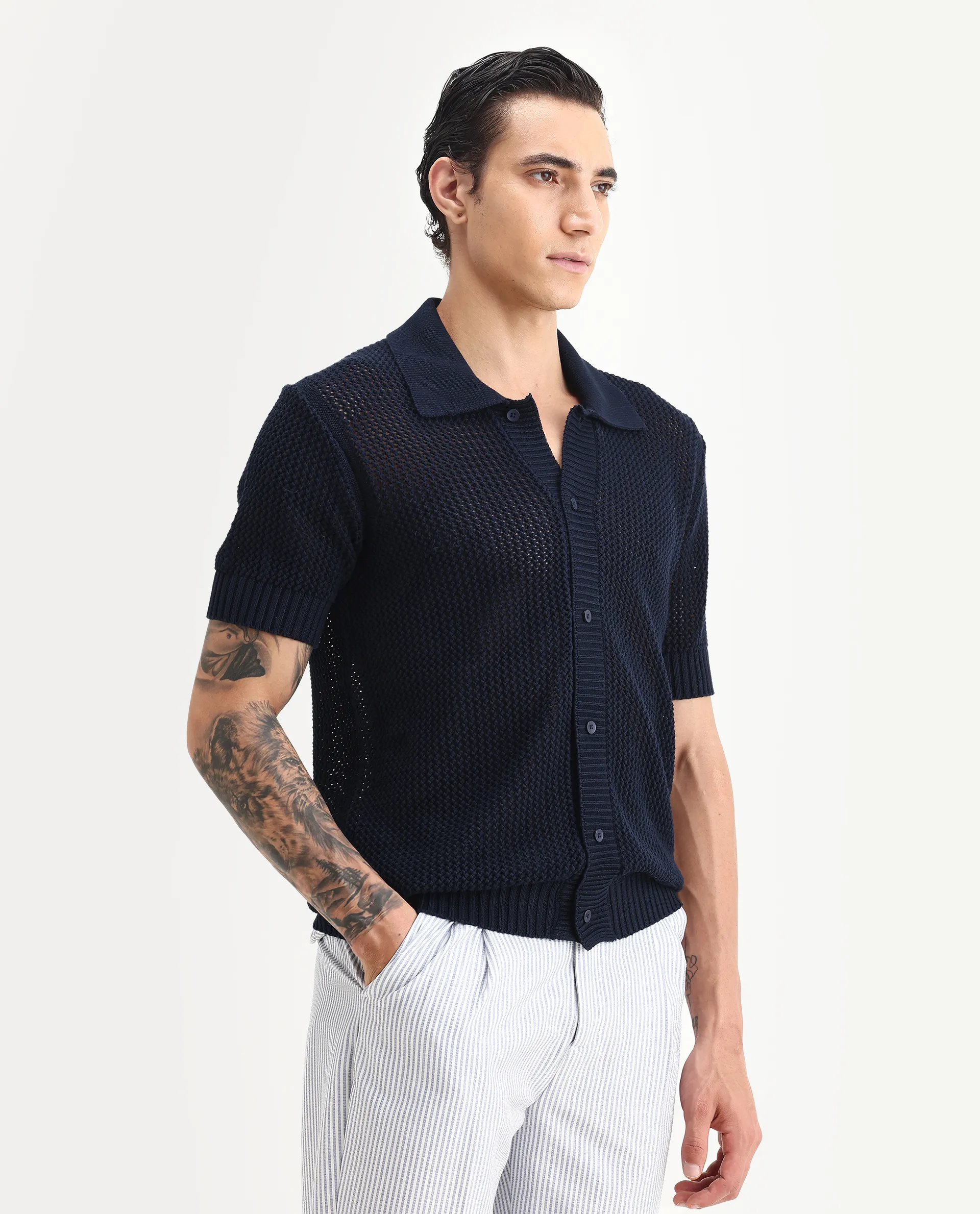 Rare Rabbit Men's Hao Navy Cotton Plain Relaxed Fit Half Sleeve Collared Shirt - Image 6