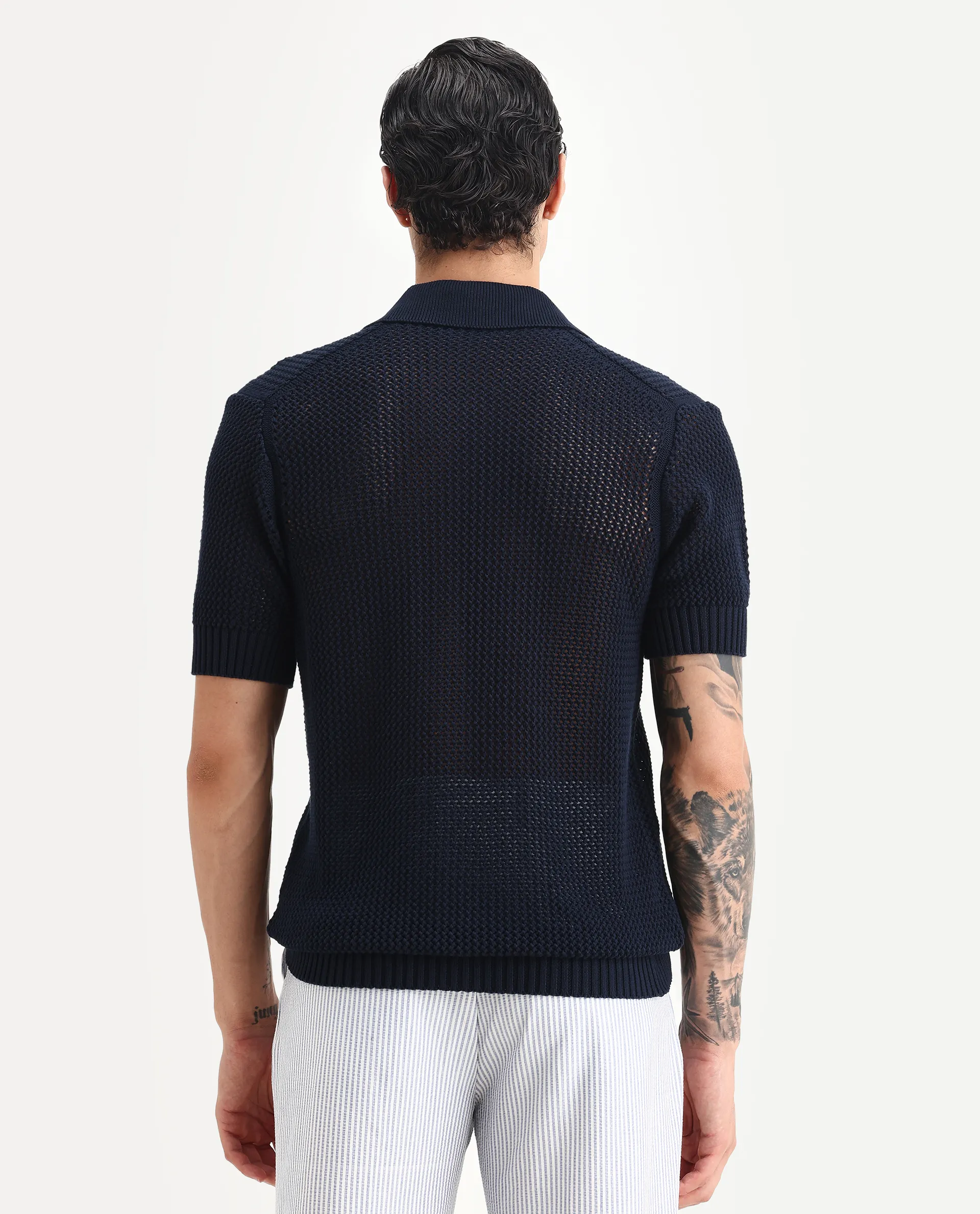 Rare Rabbit Men's Hao Navy Cotton Plain Relaxed Fit Half Sleeve Collared Shirt - Image 7