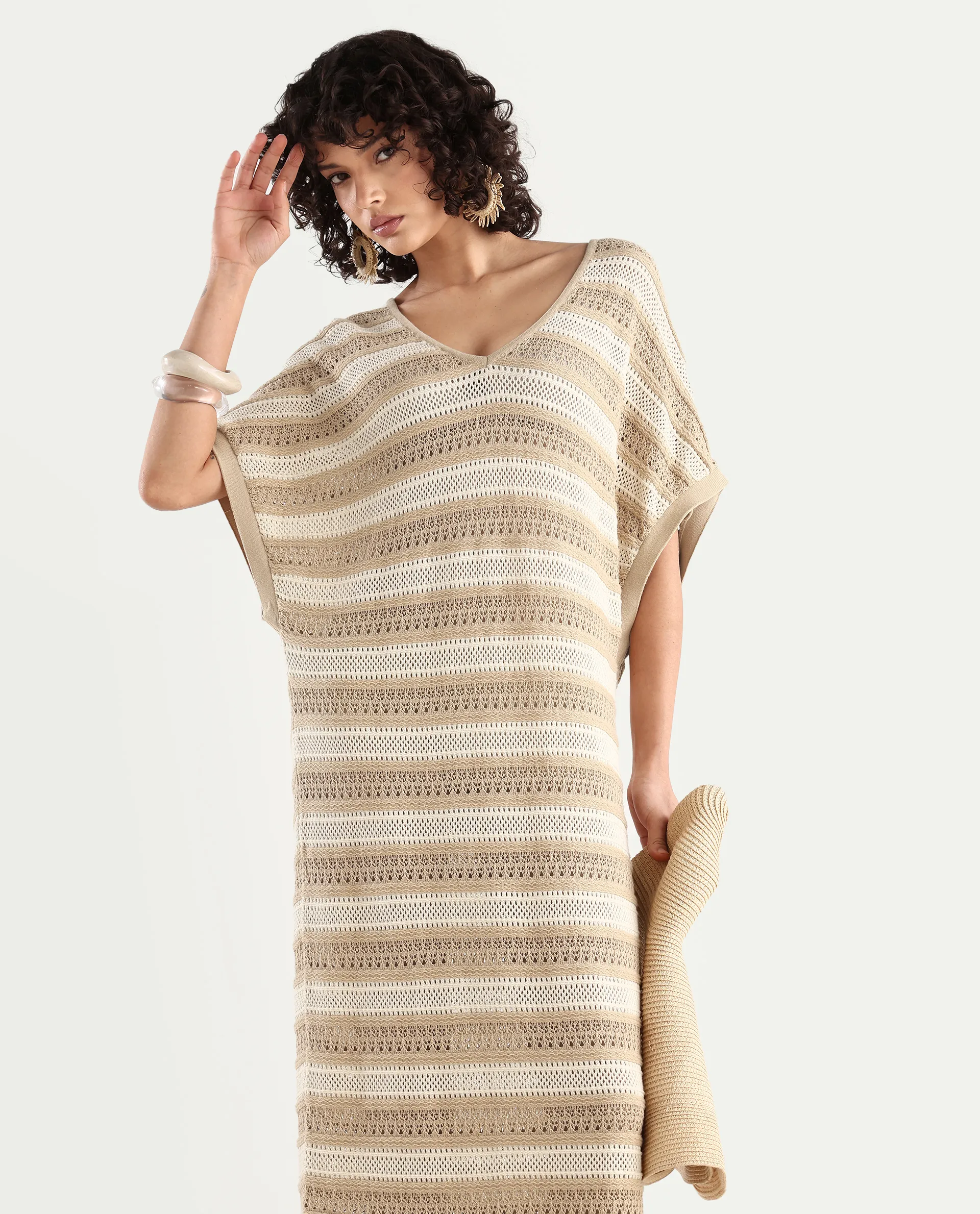 Rareism Women's Haraya Beige Cotton V-Neck Striped Extended Sleeves Maxi Relaxed Fit Dress - Image 2