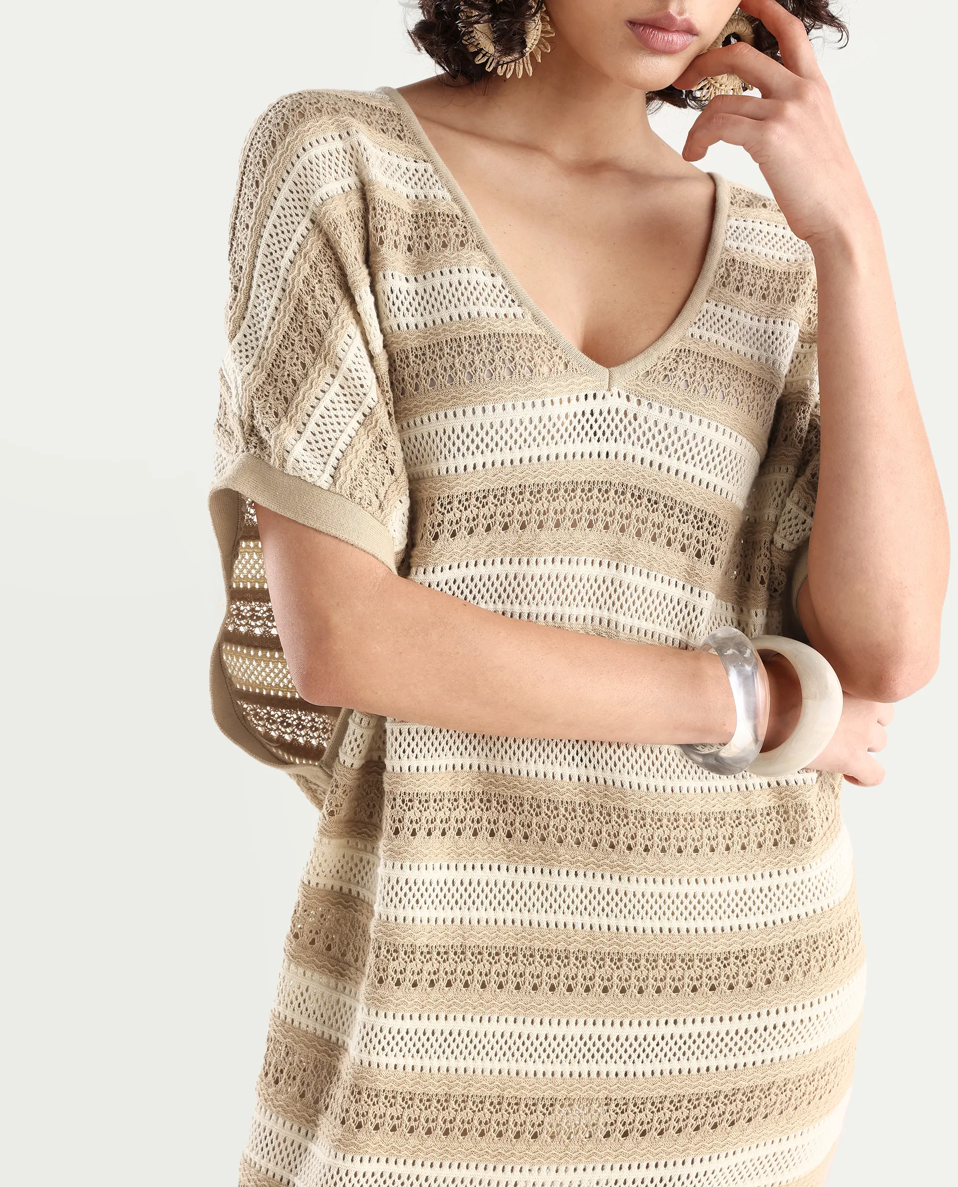 Rareism Women's Haraya Beige Cotton V-Neck Striped Extended Sleeves Maxi Relaxed Fit Dress - Image 3
