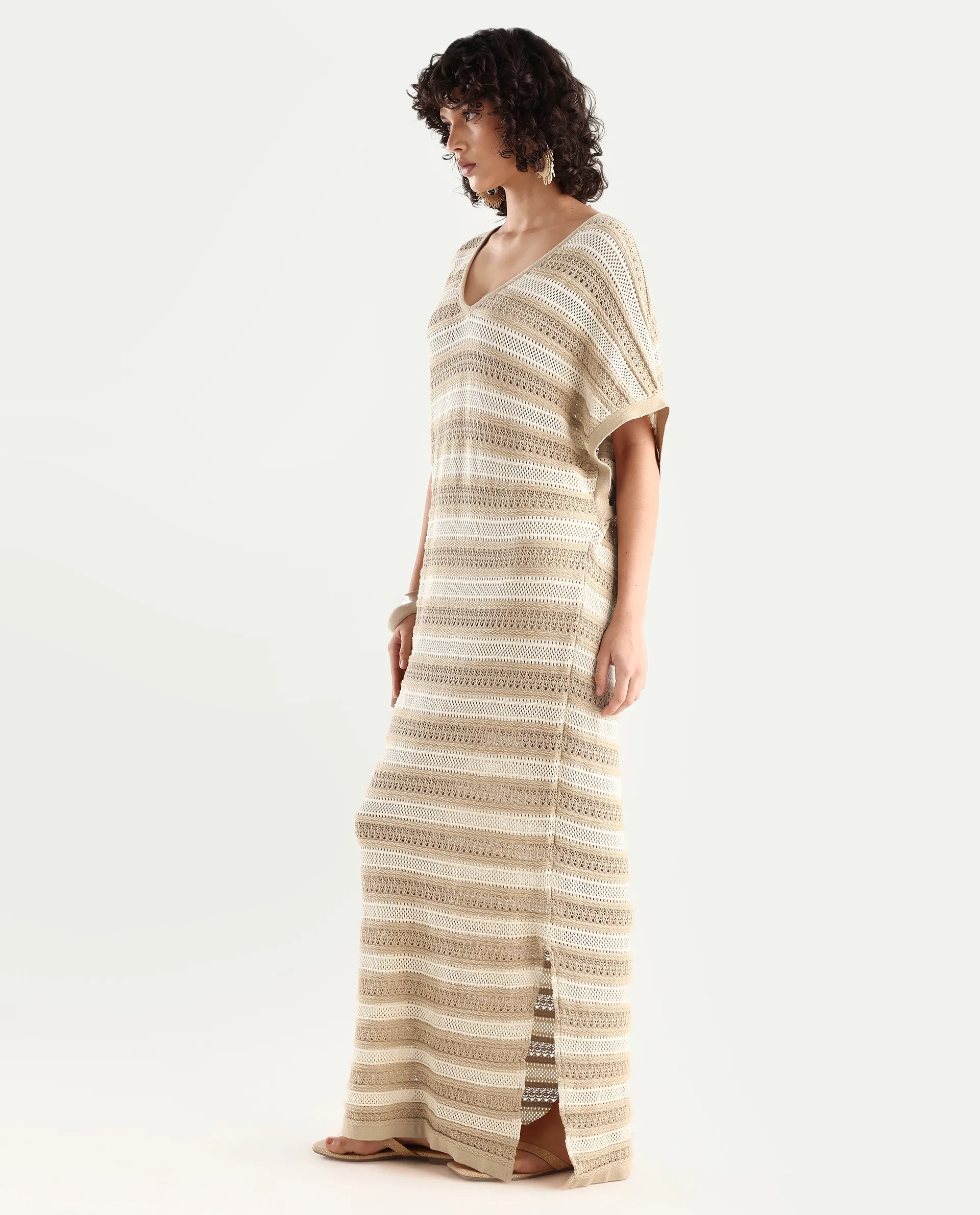 Rareism Women's Haraya Beige Cotton V-Neck Striped Extended Sleeves Maxi Relaxed Fit Dress - Image 4