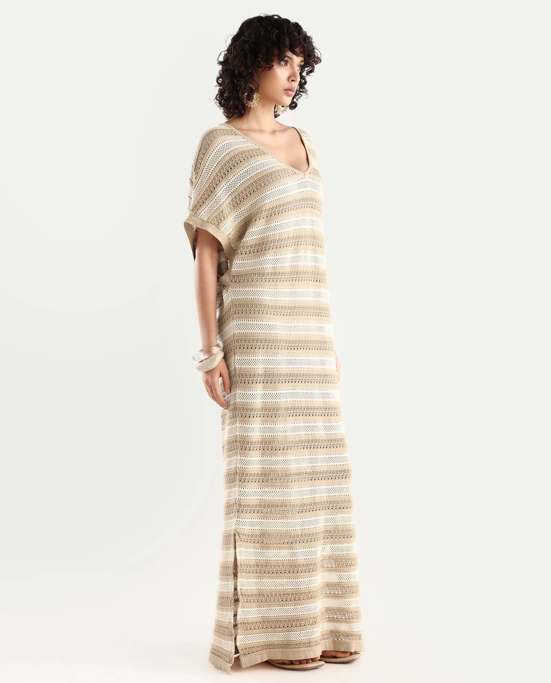 Rareism Women's Haraya Beige Cotton V-Neck Striped Extended Sleeves Maxi Relaxed Fit Dress - Image 5