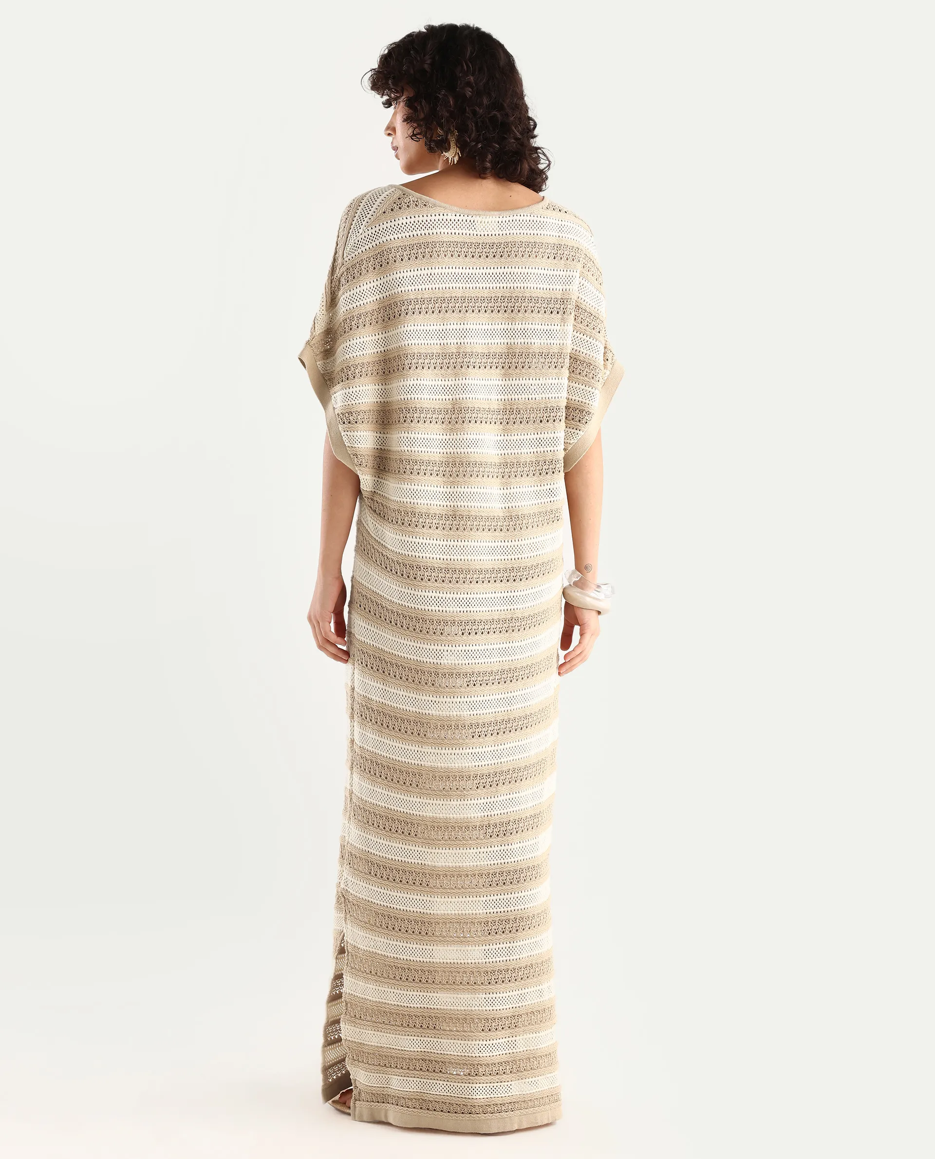 Rareism Women's Haraya Beige Cotton V-Neck Striped Extended Sleeves Maxi Relaxed Fit Dress - Image 6