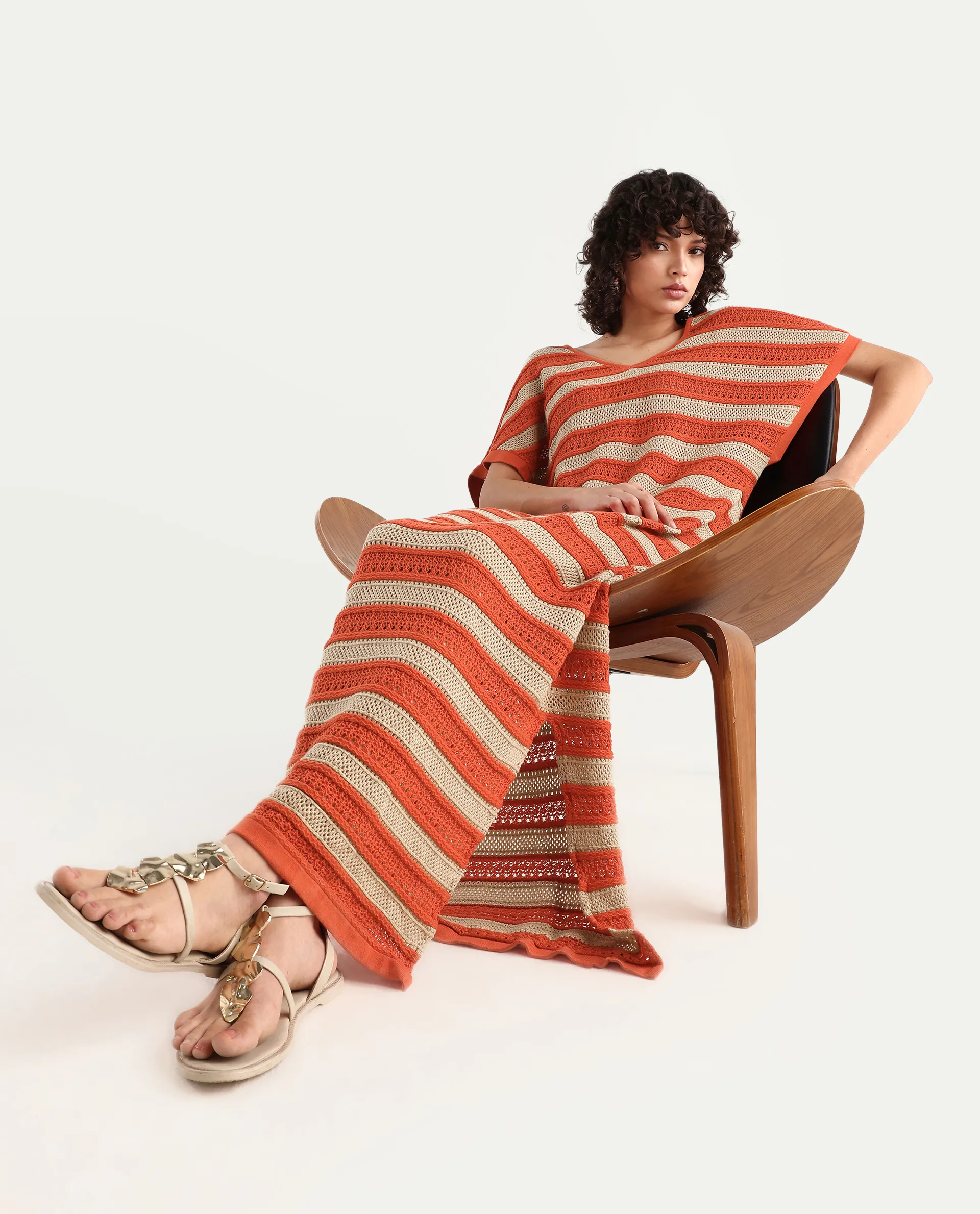 Rareism Women's Haraya Orange Cotton V-Neck Striped Extended Sleeves Maxi Relaxed Fit Dress - Image 2
