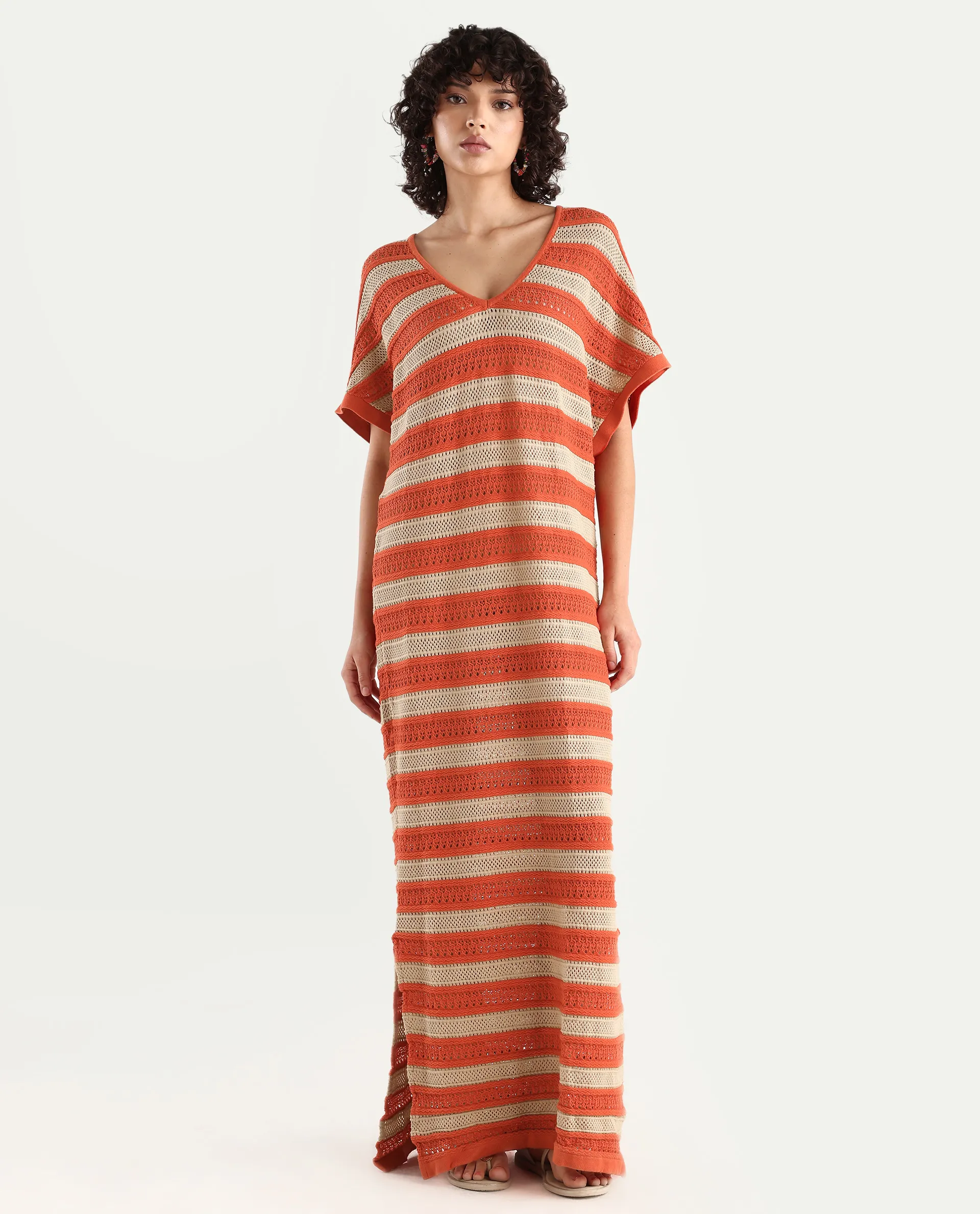 Rareism Women's Haraya Orange Cotton V-Neck Striped Extended Sleeves Maxi Relaxed Fit Dress - Image 3