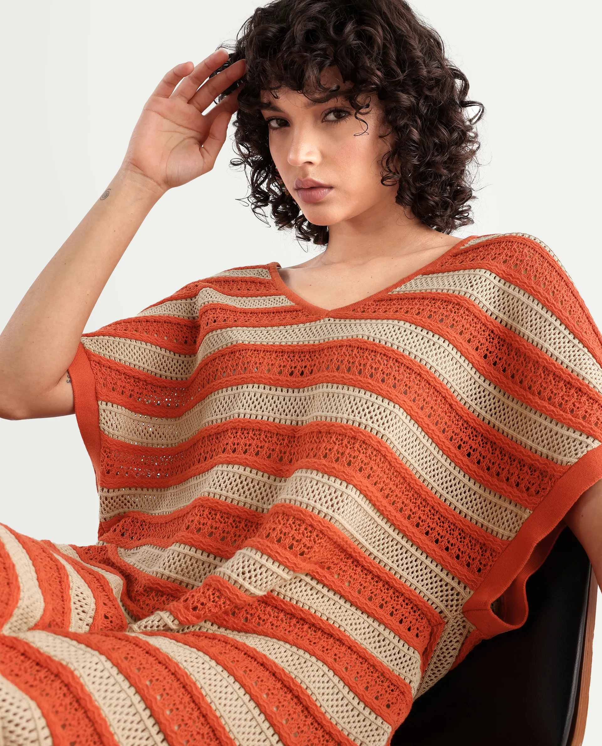 Rareism Women's Haraya Orange Cotton V-Neck Striped Extended Sleeves Maxi Relaxed Fit Dress - Image 4
