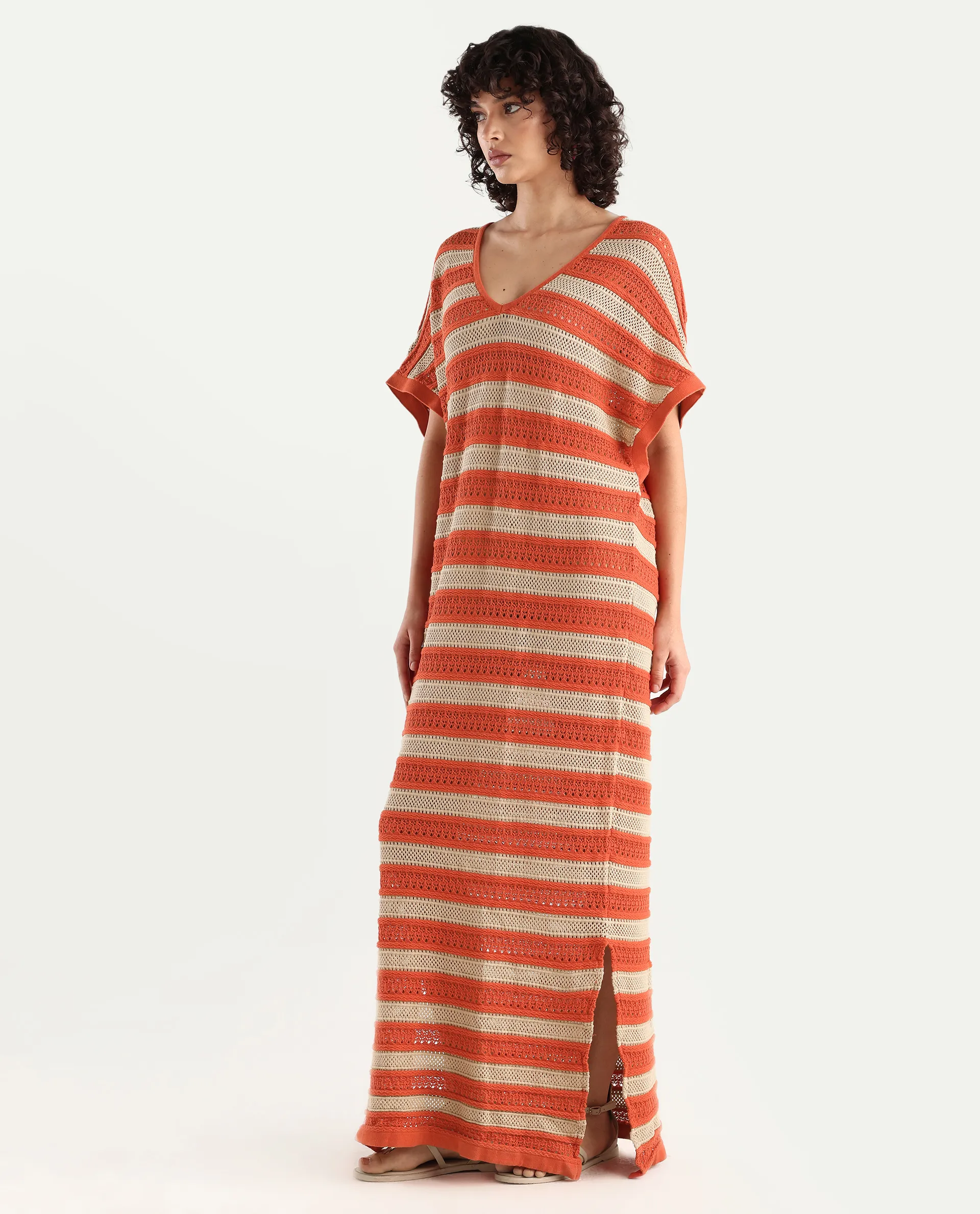 Rareism Women's Haraya Orange Cotton V-Neck Striped Extended Sleeves Maxi Relaxed Fit Dress - Image 5