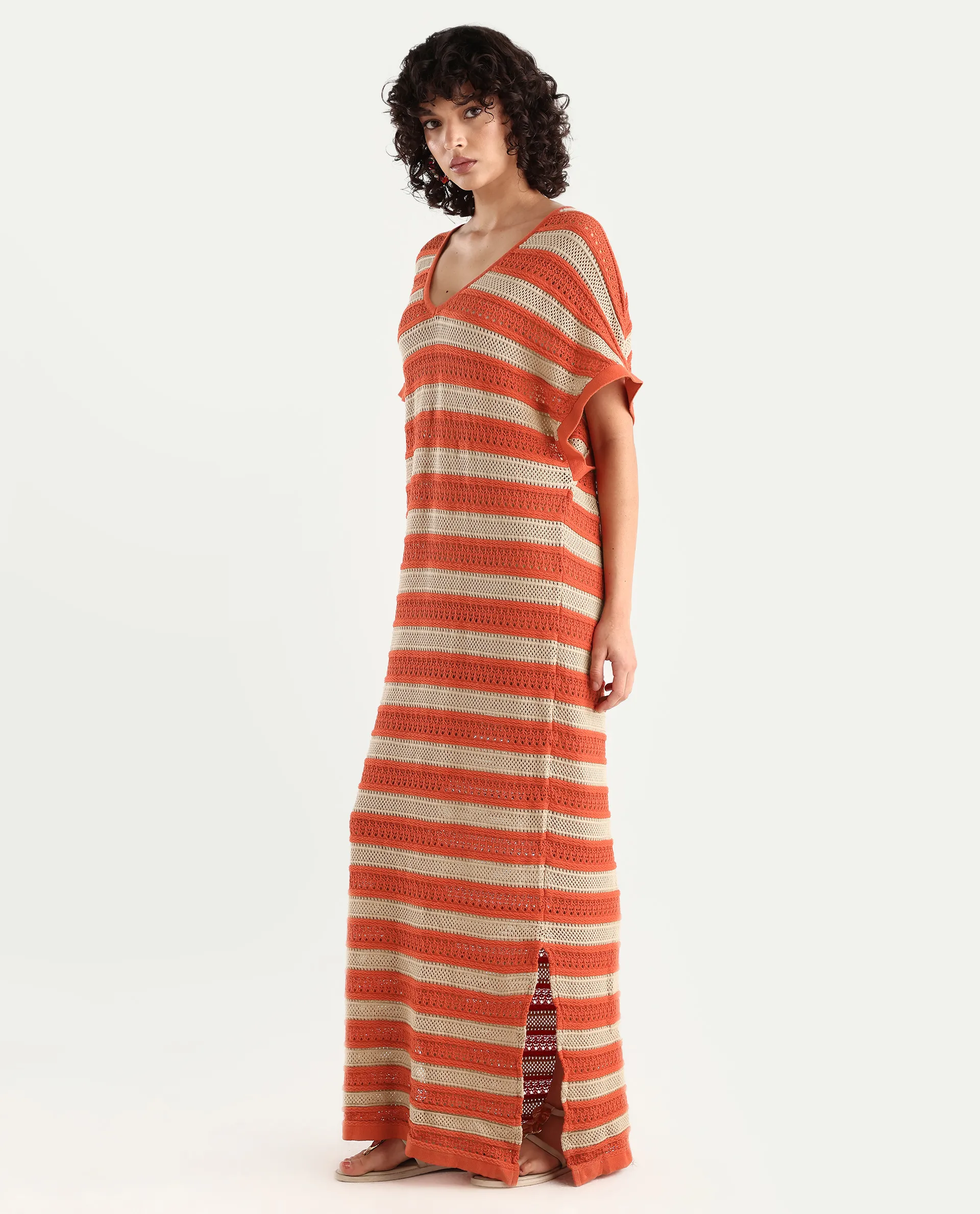 Rareism Women's Haraya Orange Cotton V-Neck Striped Extended Sleeves Maxi Relaxed Fit Dress - Image 6