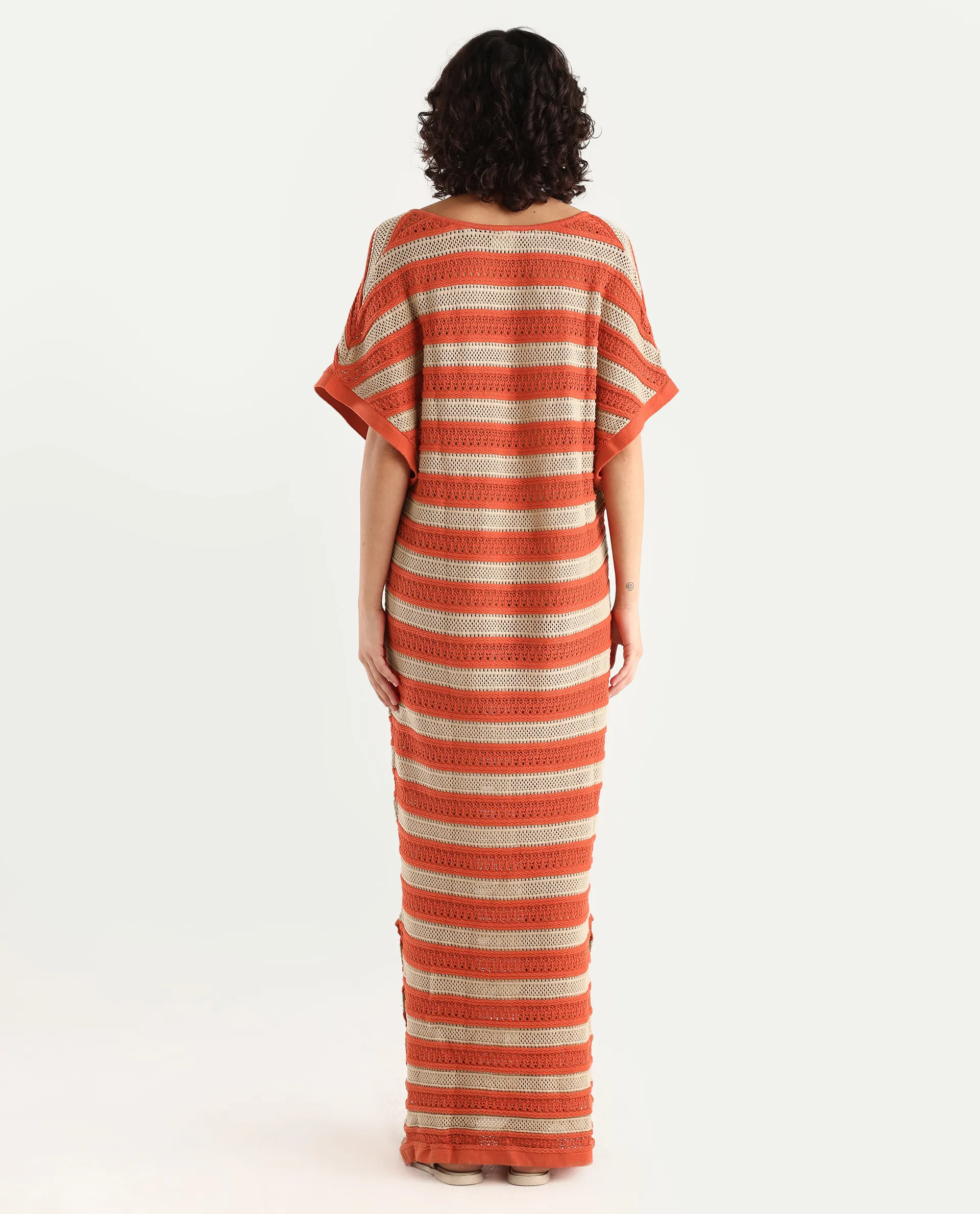 Rareism Women's Haraya Orange Cotton V-Neck Striped Extended Sleeves Maxi Relaxed Fit Dress - Image 7