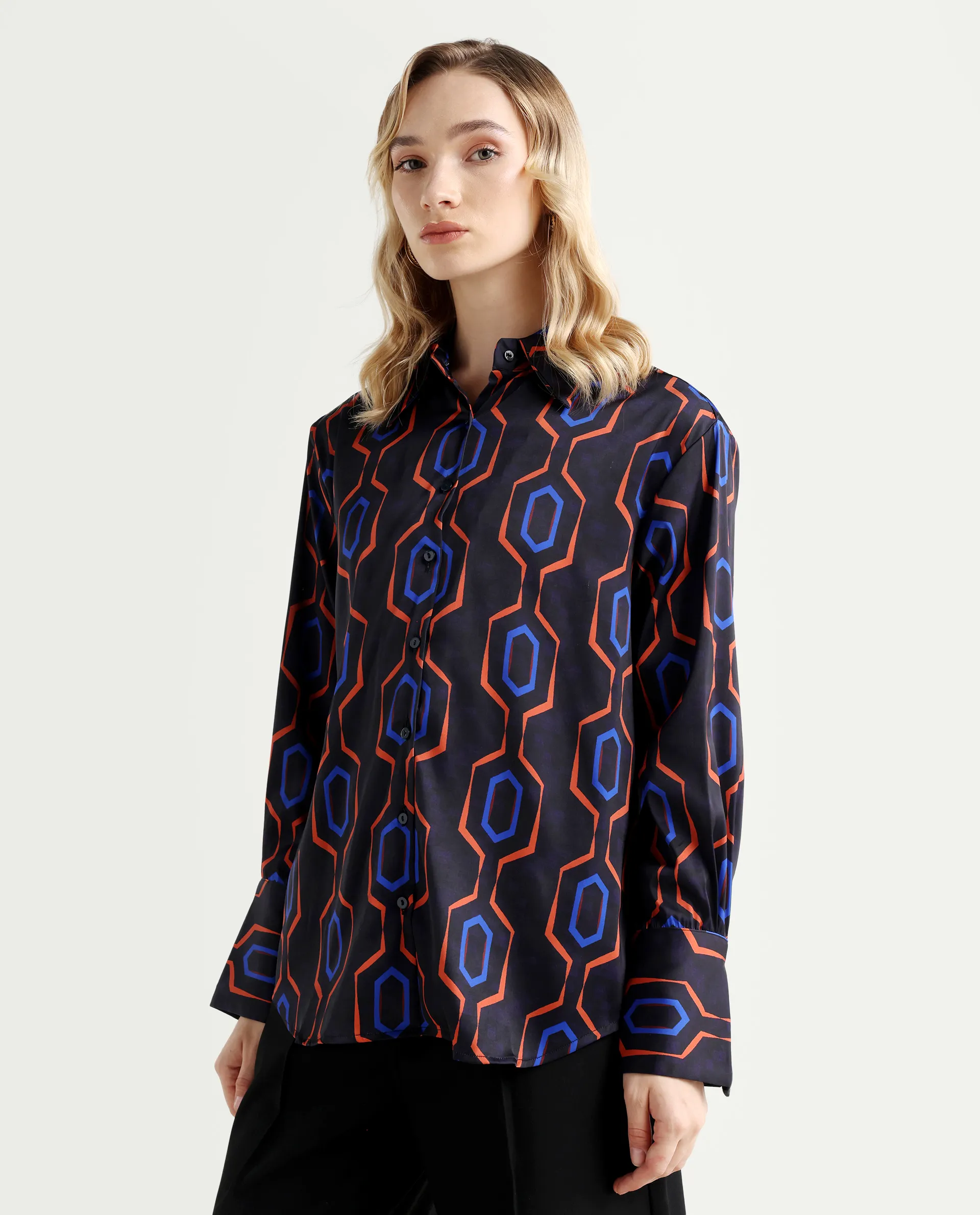 Rareism Women's Harbe Black Polyester Spread Collar Geometric Print Regular Fit Shirt - Image 6