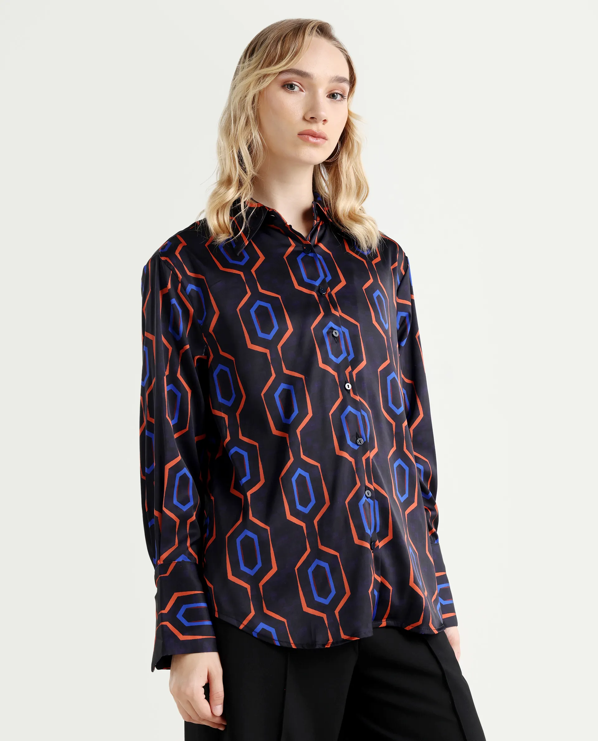Rareism Women's Harbe Black Polyester Spread Collar Geometric Print Regular Fit Shirt - Image 7