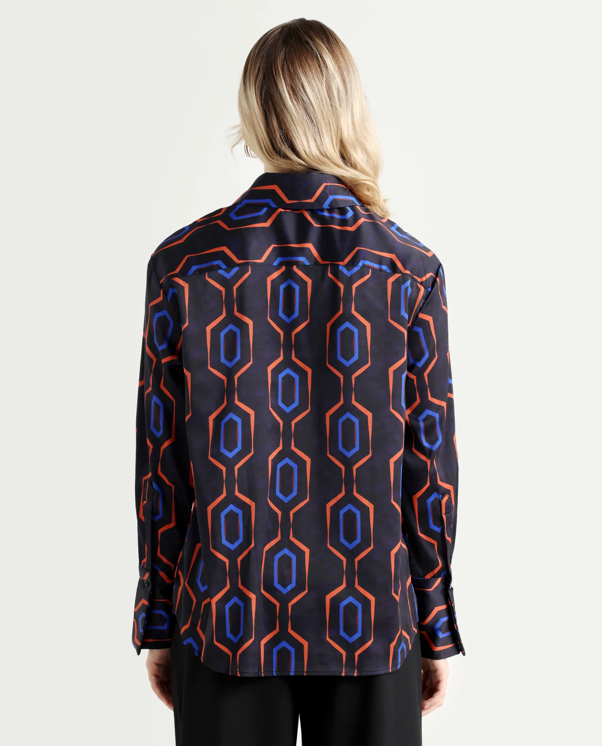 Rareism Women's Harbe Black Polyester Spread Collar Geometric Print Regular Fit Shirt - Image 8