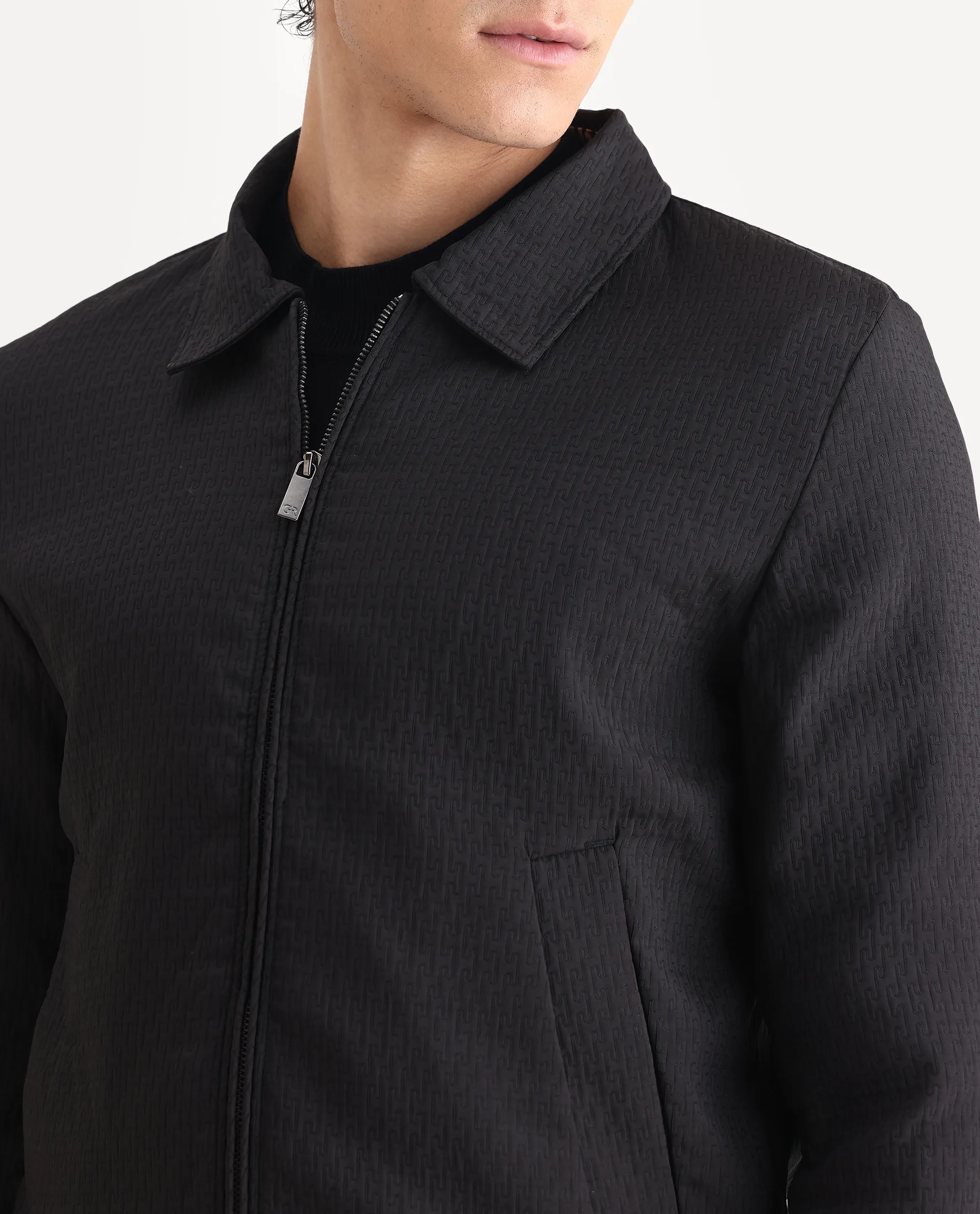 Rare Rabbit Men's Harbin Black Polyester Jacquard Regular Fit Full Sleeve Spread Collar Jacket - Image 3