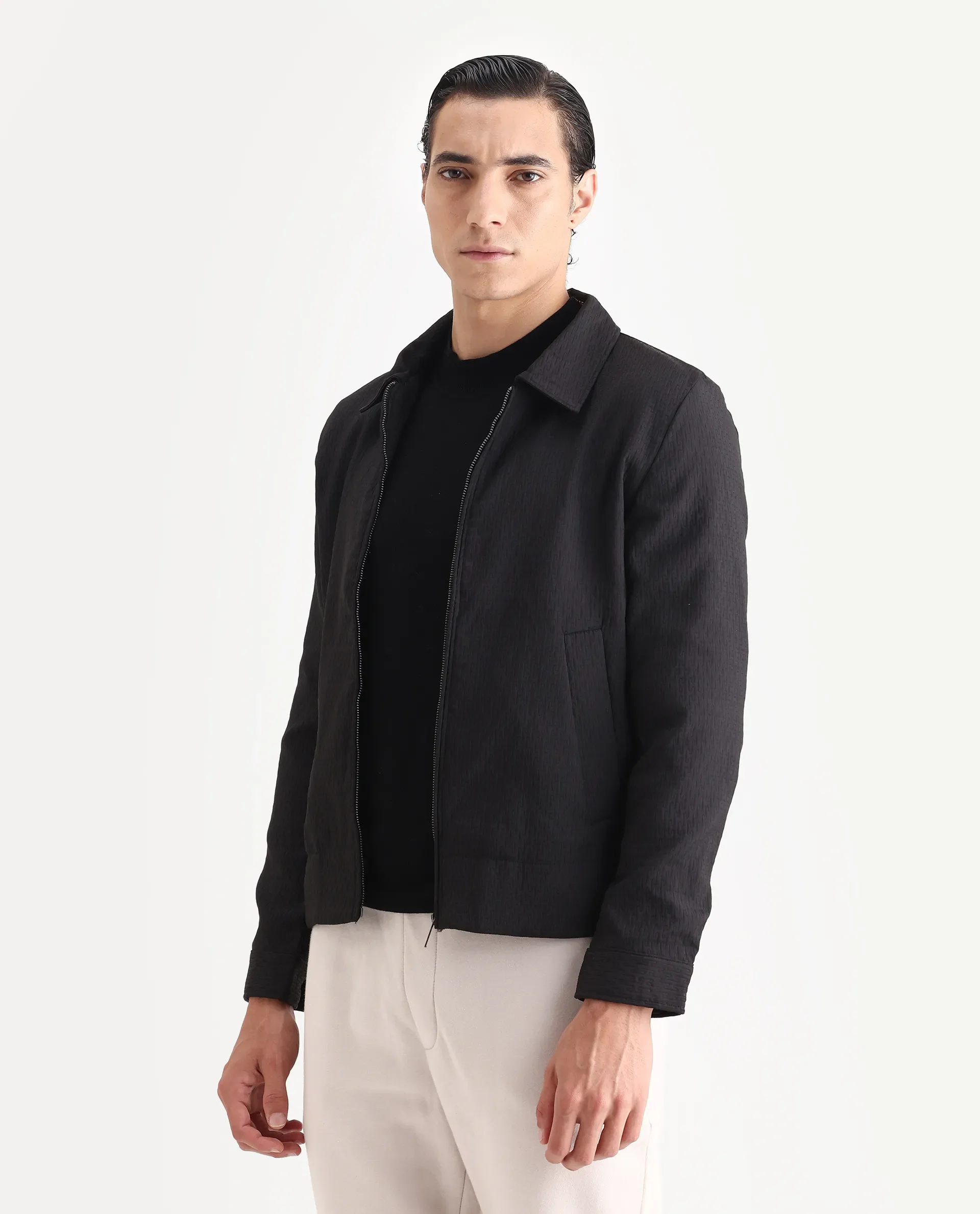Rare Rabbit Men's Harbin Black Polyester Jacquard Regular Fit Full Sleeve Spread Collar Jacket - Image 4