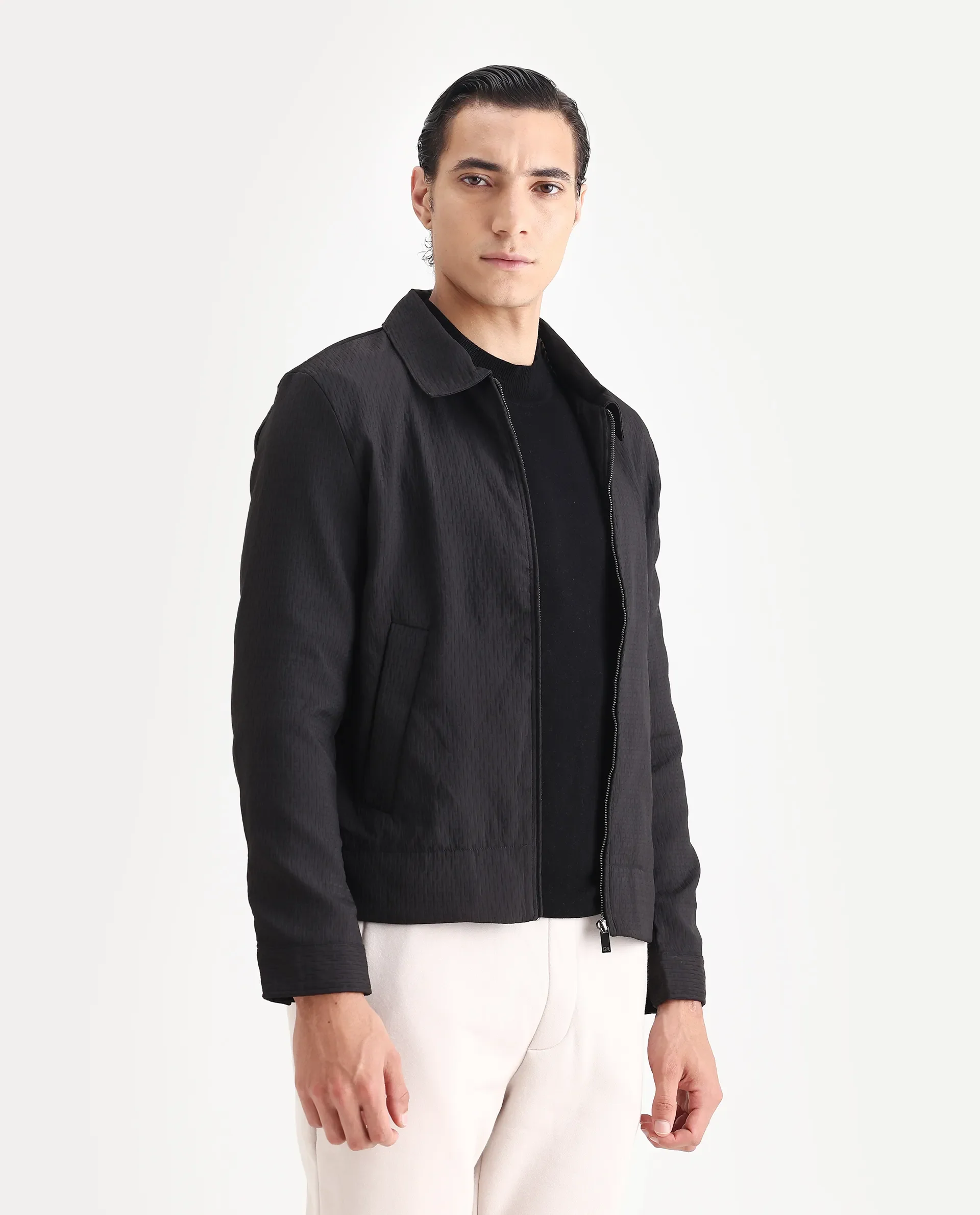 Rare Rabbit Men's Harbin Black Polyester Jacquard Regular Fit Full Sleeve Spread Collar Jacket - Image 5