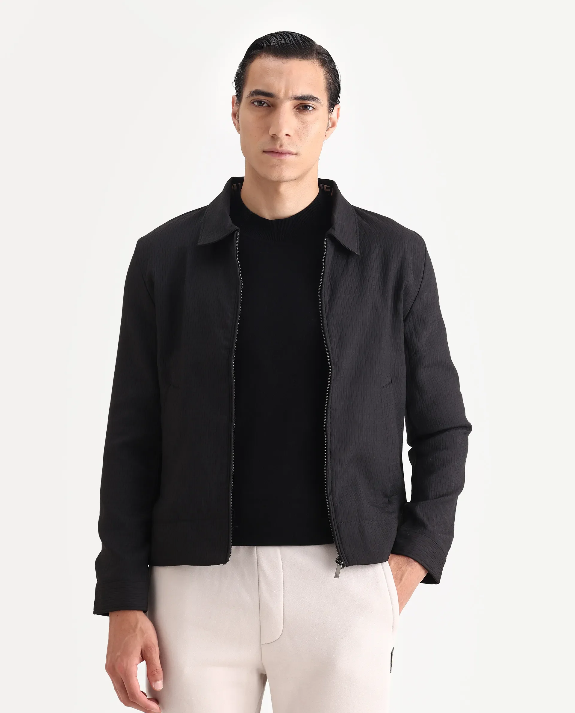 Rare Rabbit Men's Harbin Black Polyester Jacquard Regular Fit Full Sleeve Spread Collar Jacket - Image 6