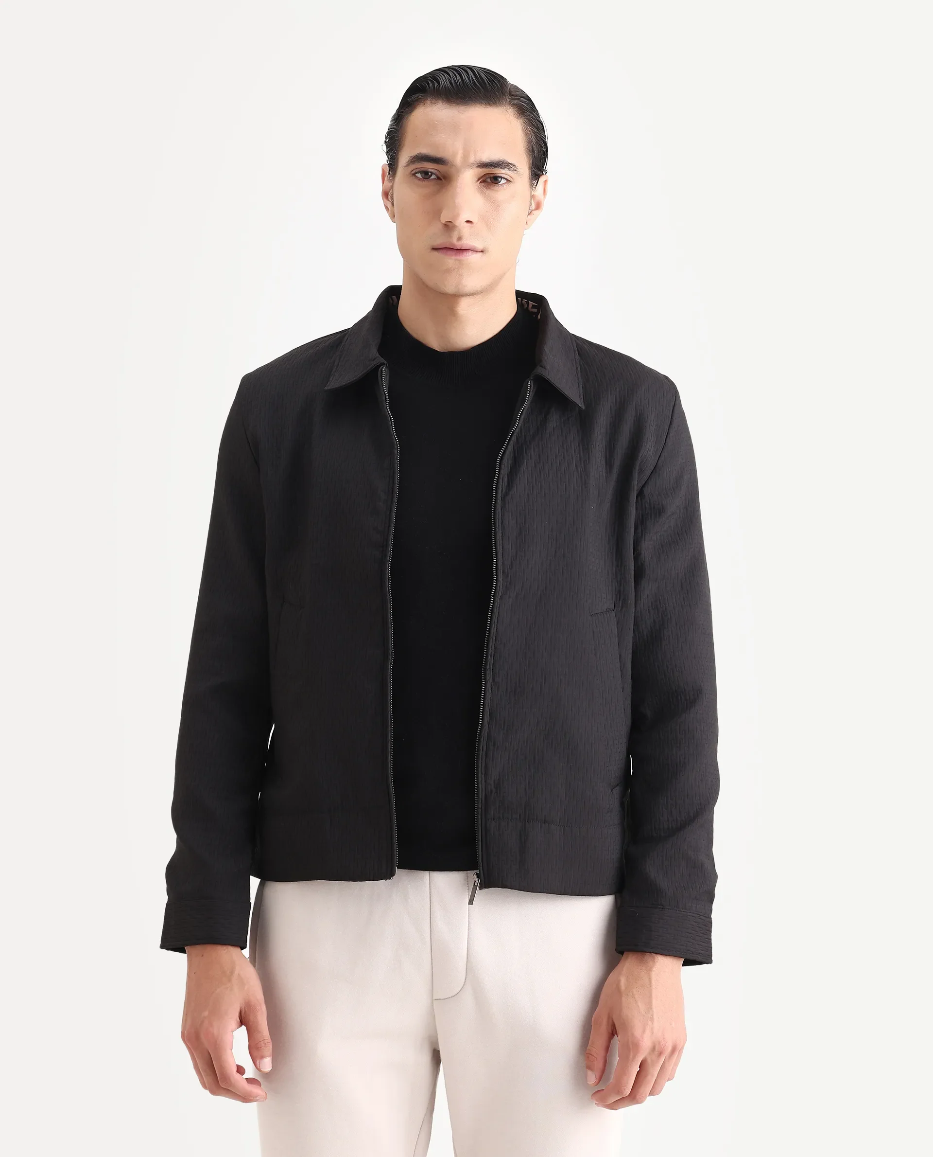 Rare Rabbit Men's Harbin Black Polyester Jacquard Regular Fit Full Sleeve Spread Collar Jacket - Image 7