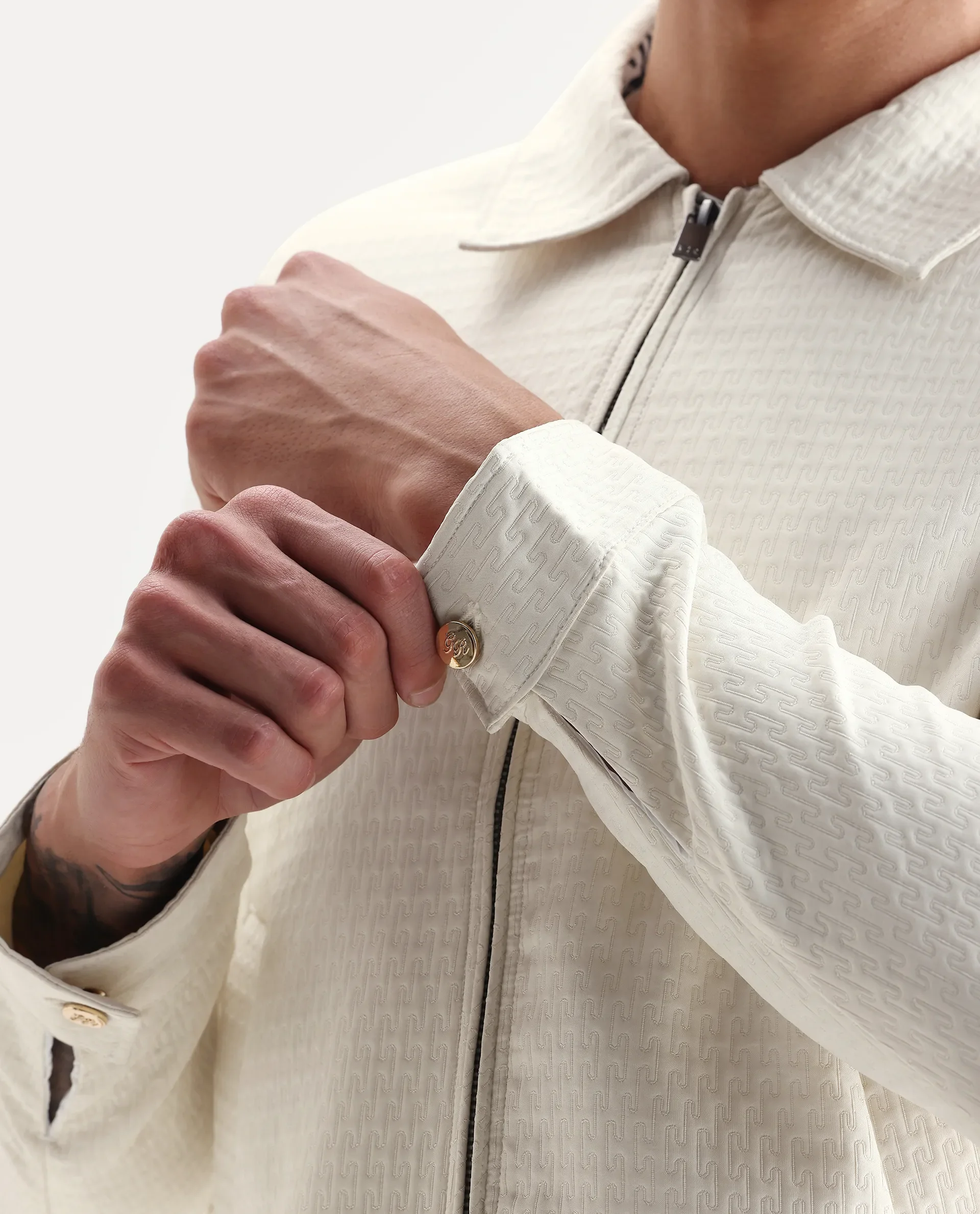 Rare Rabbit Men's Harbin Off White Polyester Jacquard Regular Fit Full Sleeve Spread Collar Jacket