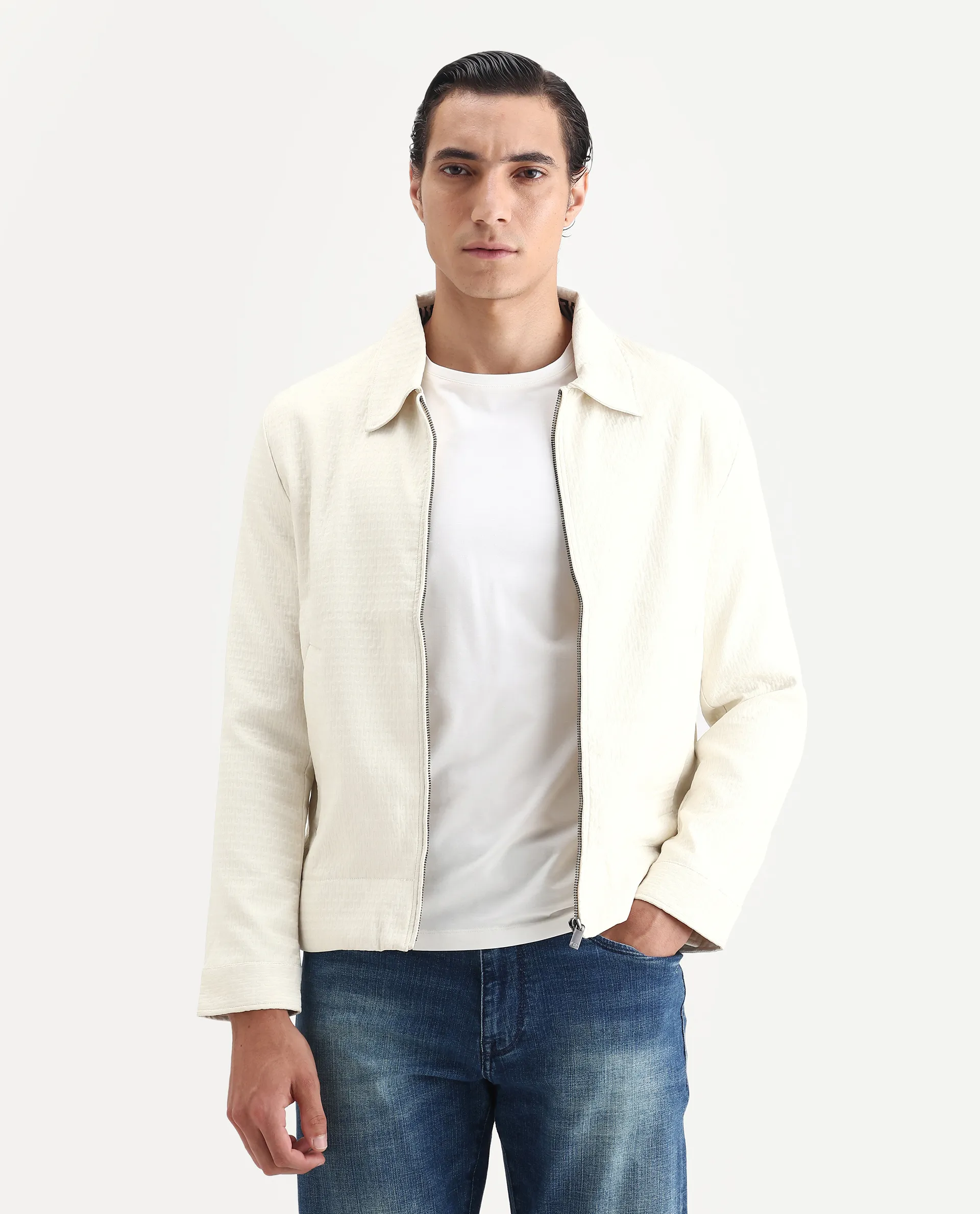 Rare Rabbit Men's Harbin Off White Polyester Jacquard Regular Fit Full Sleeve Spread Collar Jacket - Image 3