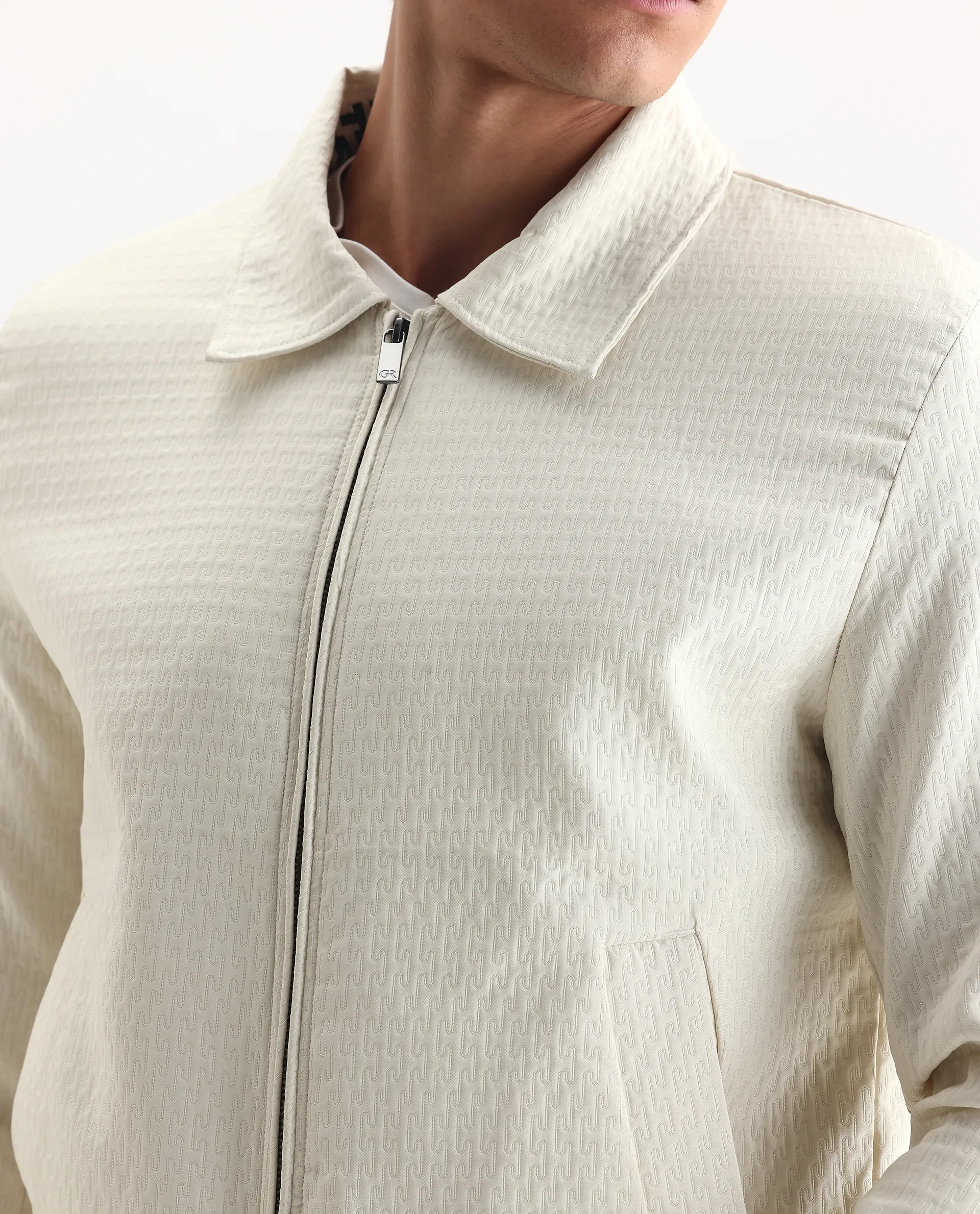 Rare Rabbit Men's Harbin Off White Polyester Jacquard Regular Fit Full Sleeve Spread Collar Jacket - Image 4