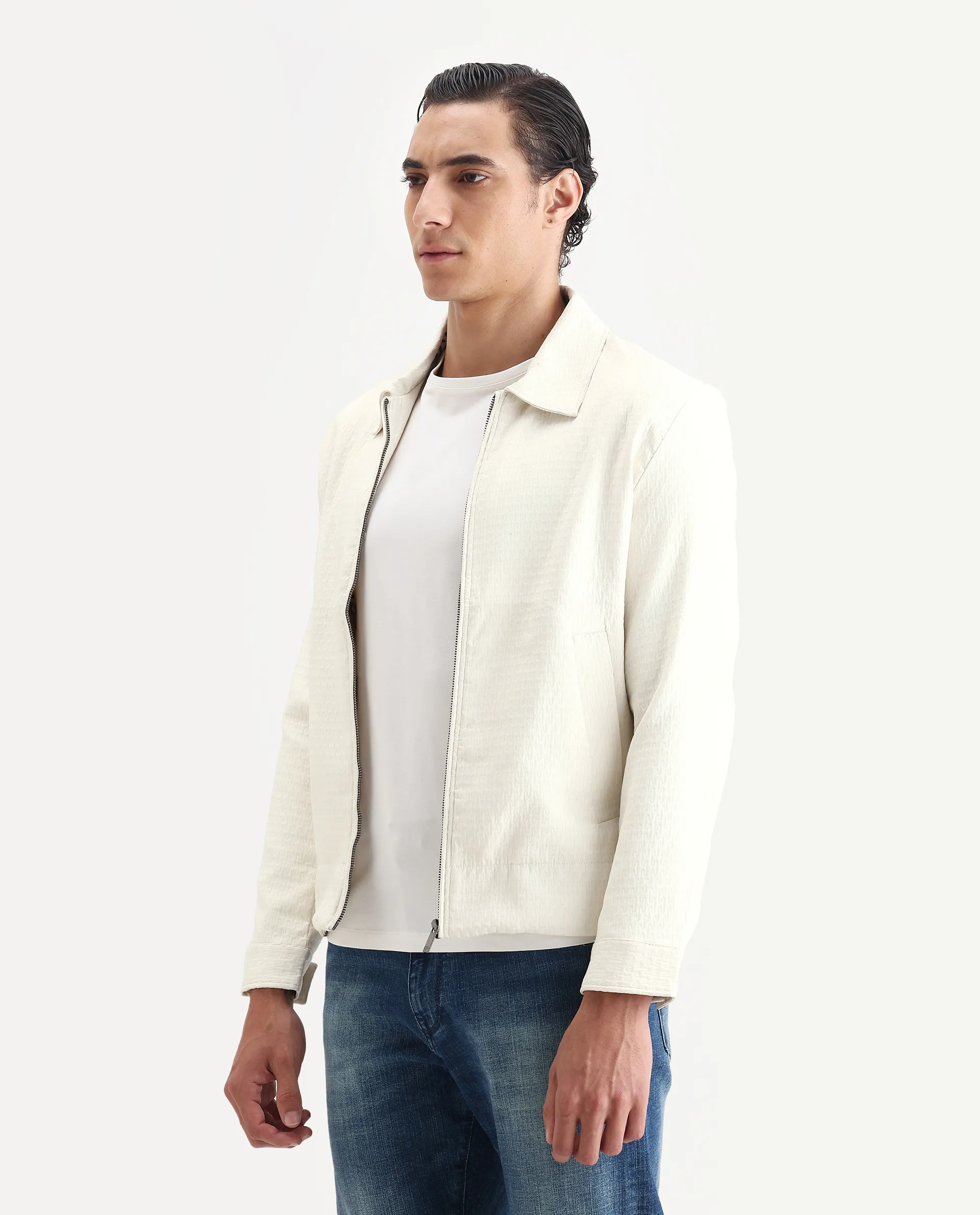 Rare Rabbit Men's Harbin Off White Polyester Jacquard Regular Fit Full Sleeve Spread Collar Jacket - Image 5