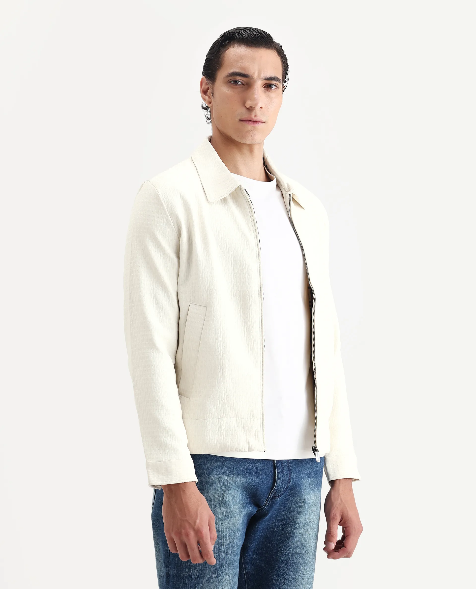 Rare Rabbit Men's Harbin Off White Polyester Jacquard Regular Fit Full Sleeve Spread Collar Jacket - Image 6
