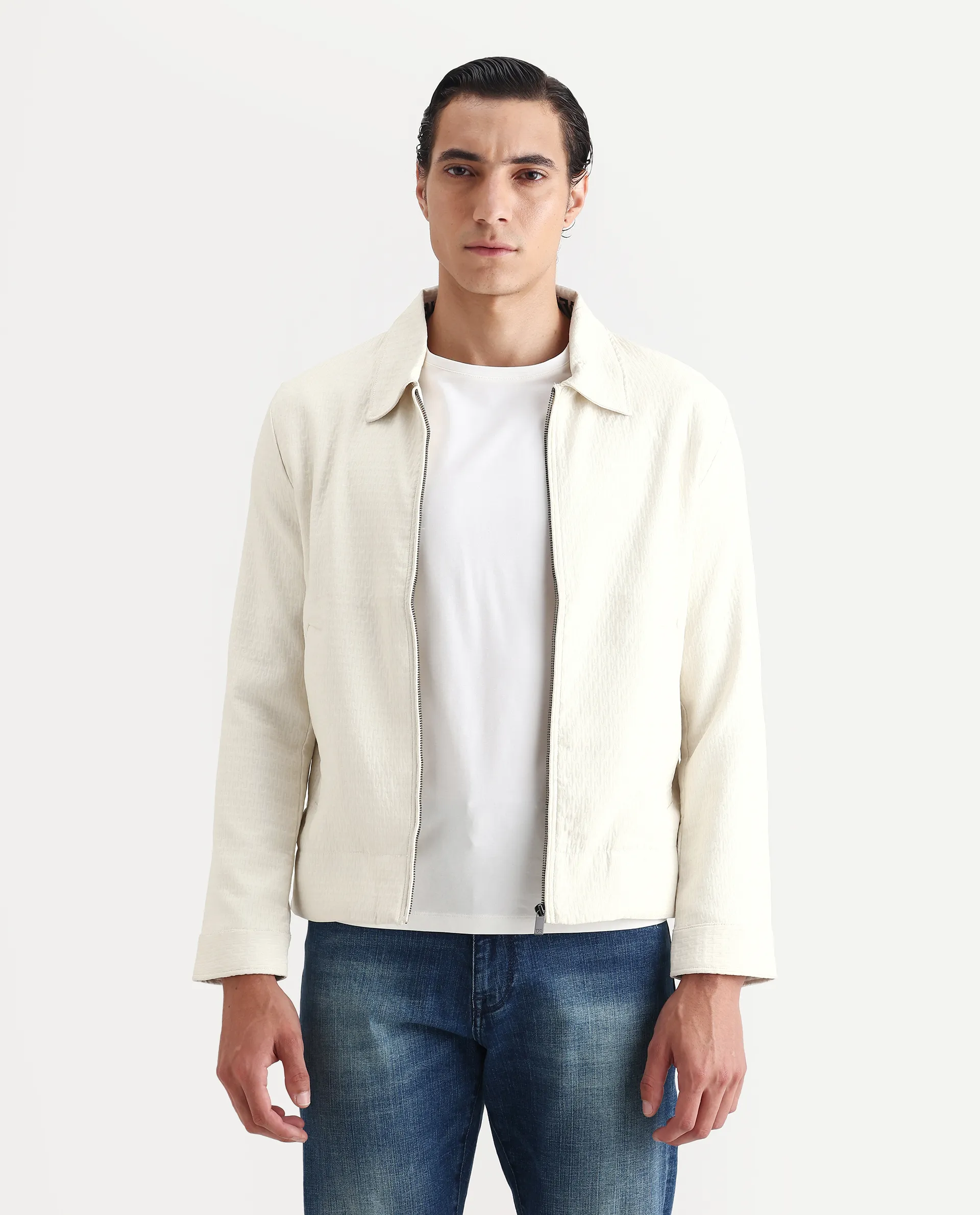 Rare Rabbit Men's Harbin Off White Polyester Jacquard Regular Fit Full Sleeve Spread Collar Jacket - Image 7