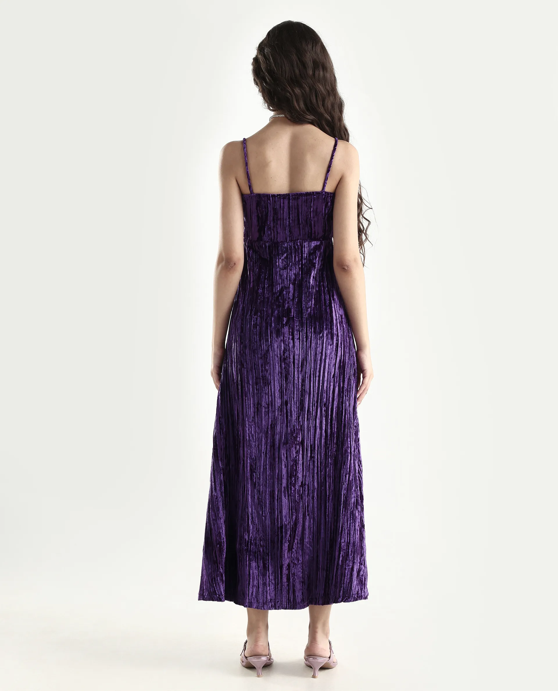 Rareism Women's Harbo Purple Velvet Shoulder Strap Plain Sleeveless Maxi Fit And Flare Dress - Image 7