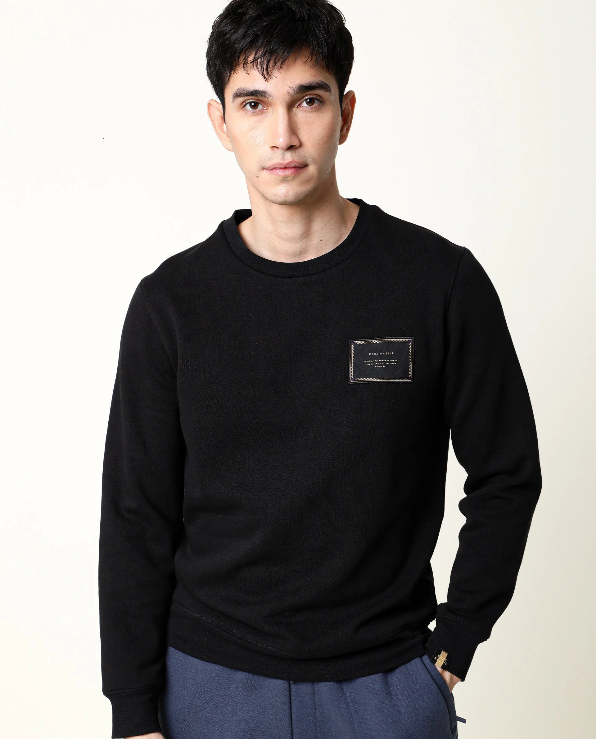 Rare Rabbit Men's Hardwin Black Cotton Plain Slim Fit Full Sleeve Crew Neck Sweatshirt - Image 2