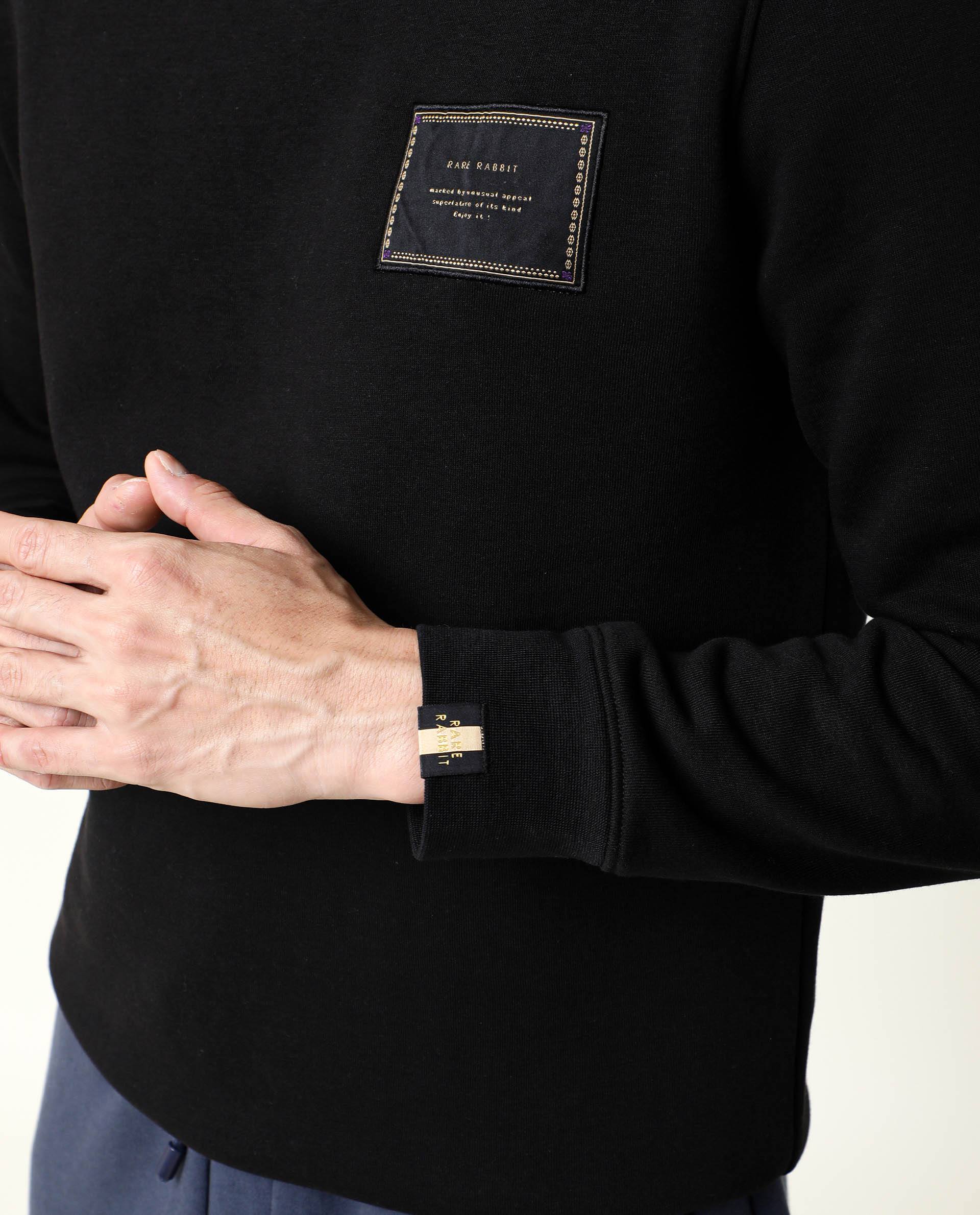 Rare Rabbit Men's Hardwin Black Cotton Plain Slim Fit Full Sleeve Crew Neck Sweatshirt - Image 4